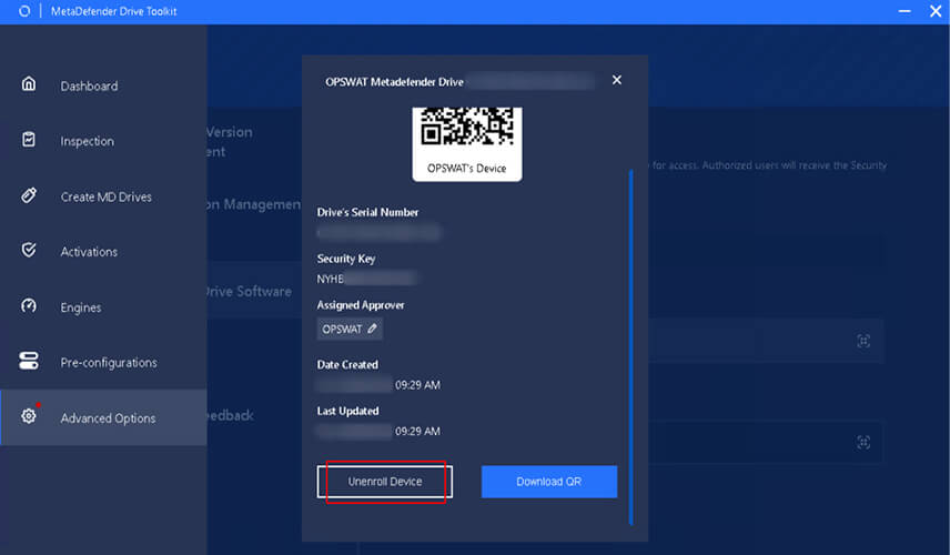 لقطة شاشة تعرض خيار إلغاء تسجيل Drive الأقراص في مجموعة أدوات MetaDefender Drive Toolkit، مما يسمح للمسؤولين بإلغاء تسجيل محرك الأقراص