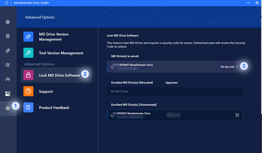 لقطة شاشة تبرز خيار Lock MD Drive Software في مجموعة أدواتDrive راص MetaDefender Drive Toolkit، مما يعزز تطبيق سياسة الفحص