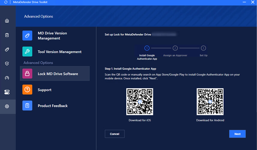 لقطة شاشة تصور إعداد Google Authenticator لتوليد OTP في MetaDefender Drive ودعم التحكم الآمن في الوصول