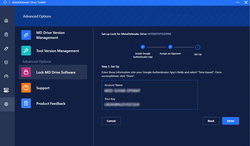 لقطة شاشة توضح إدخال بيانات الاعتماد لإعداد OTP في Google Authenticator، وتأمين الوصول إلى MetaDefender Drive