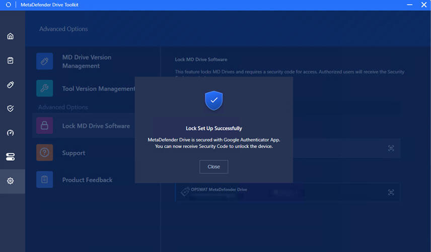 لقطة شاشة تؤكد نجاح قفلDrive MetaDefender Drive مما يضمن إجراء تغييرات التكوين المصرح بها فقط
