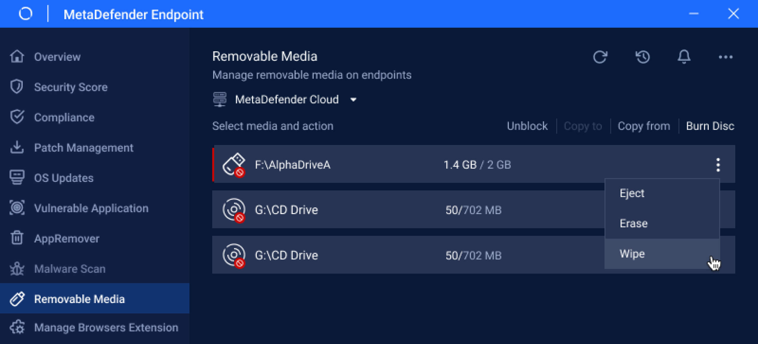 Options to manage removable media including eject, erase, and wipe