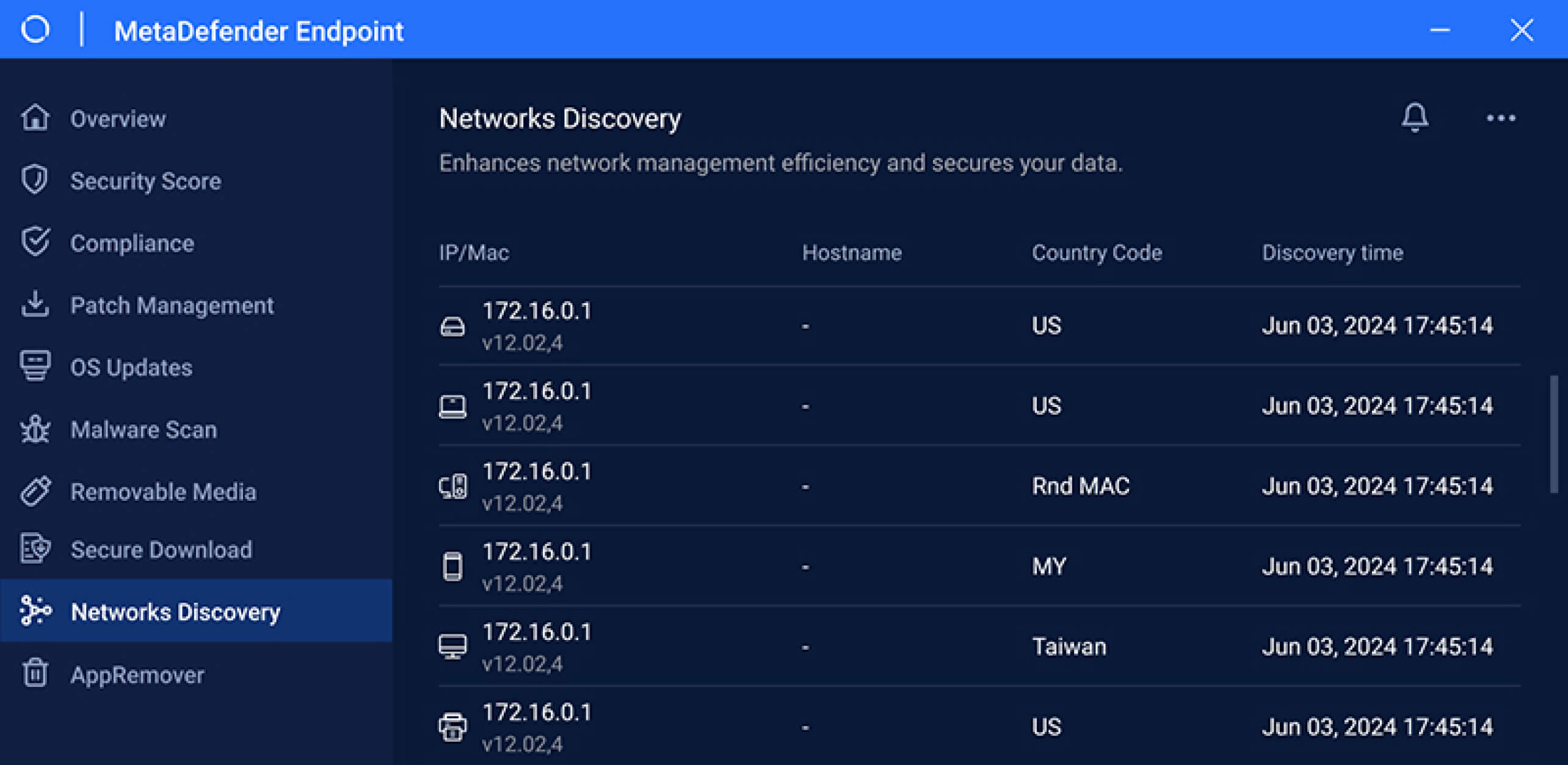 Network management screen in MetaDefender Endpoint, showing IP and discovery details for various hosts