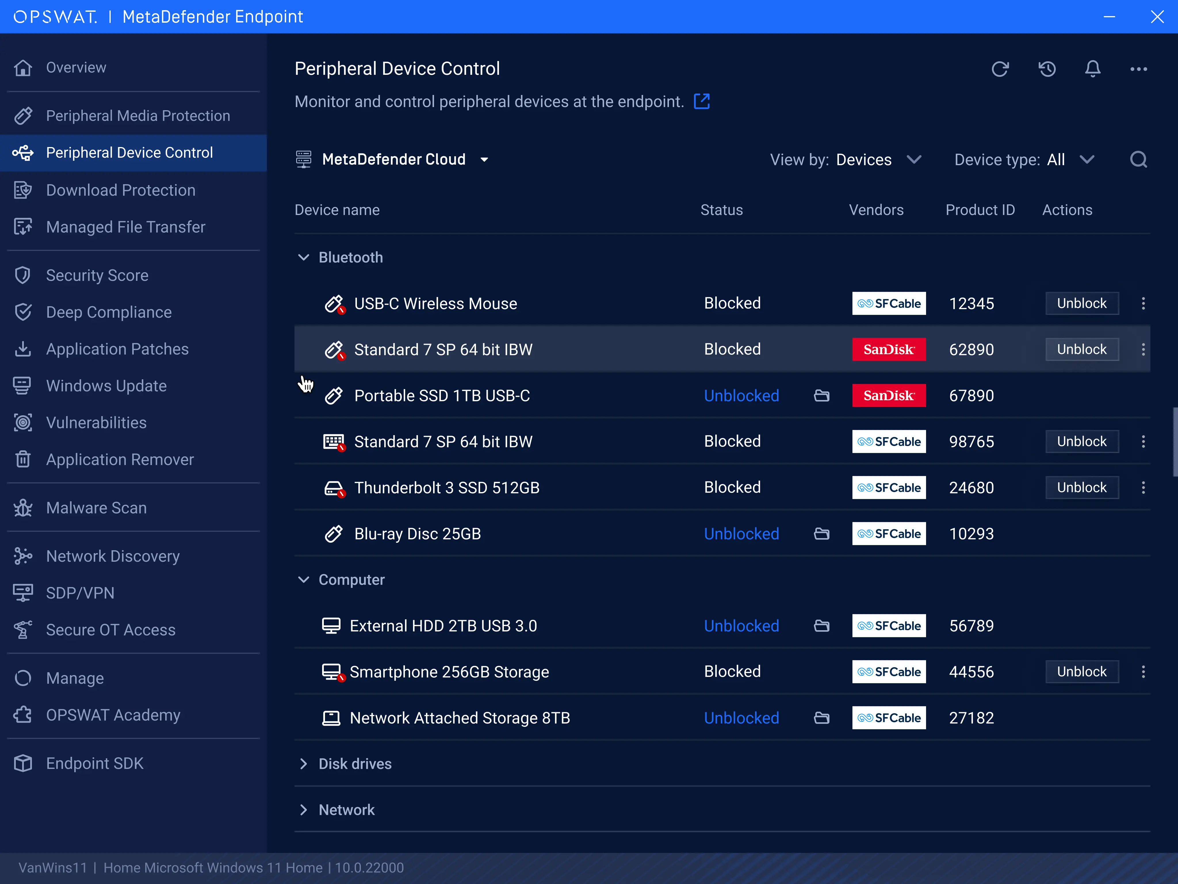 MetaDefender Endpoint v7.6.2505 Dashboard zur Gerätekontrolle zeigt blockierte und nicht blockierte Geräte an