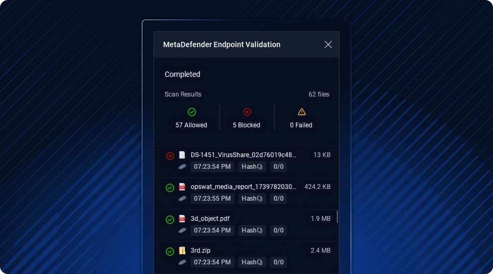 MetaDefender Endpoint v7.6.2505 Scanergebnisse zeigen 57 erlaubte, 5 blockierte und 0 fehlgeschlagene Dateien