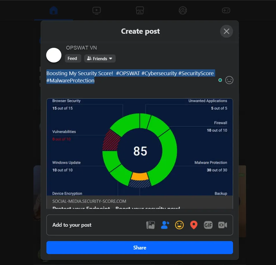 MetaDefender Endpoint v7.6.2505 Social-Media-Post mit security score und Sharing-Optionen