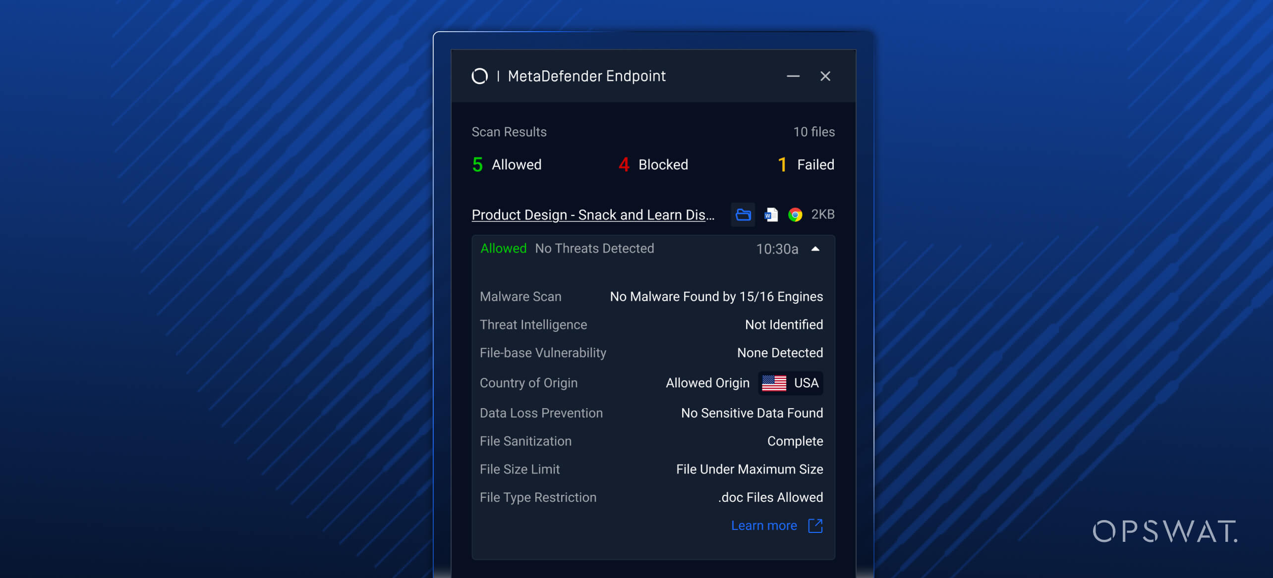واجهة مستخدم نتائج فحص MetaDefender Endpoint v7.6.2506 تظهر الملفات المسموح بها والملفات المحظورة والملفات الفاشلة مع تحليل مفصل