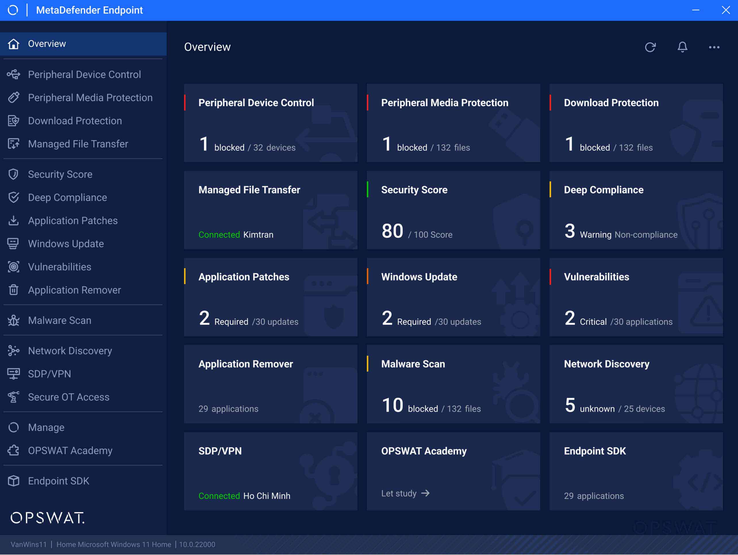 لوحة التحكم MetaDefender Endpoint v7.6.2506 التي تعرض إحصائيات الأمان في الوقت الفعلي ونظرة عامة على حالة النظام