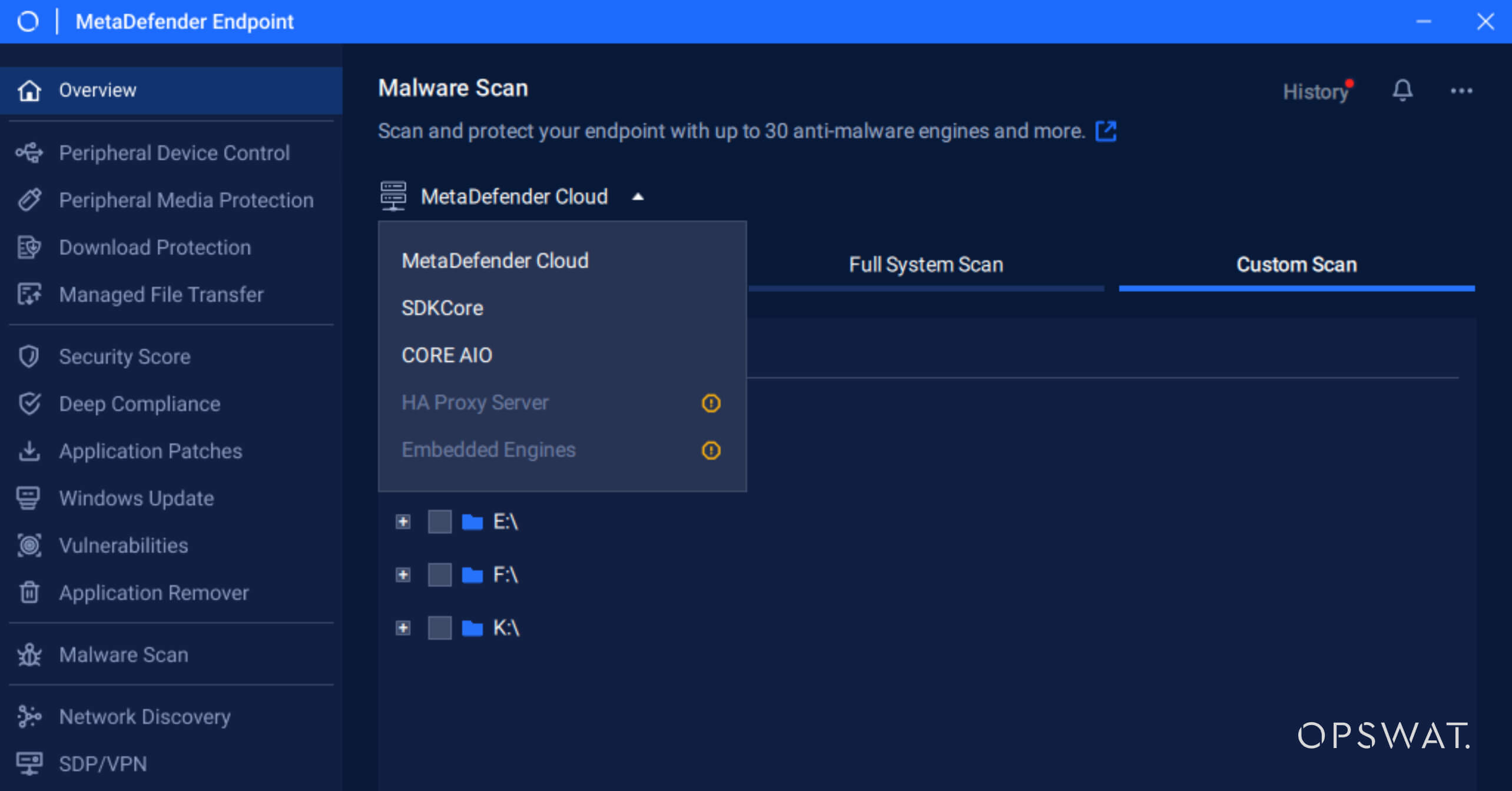 قائمة اختيار خادم الفحص MetaDefender Endpoint v7.6.2506 قائمة اختيار خادم الفحص في قسم فحص البرامج الضارة مع خيارات محرك الأقراص