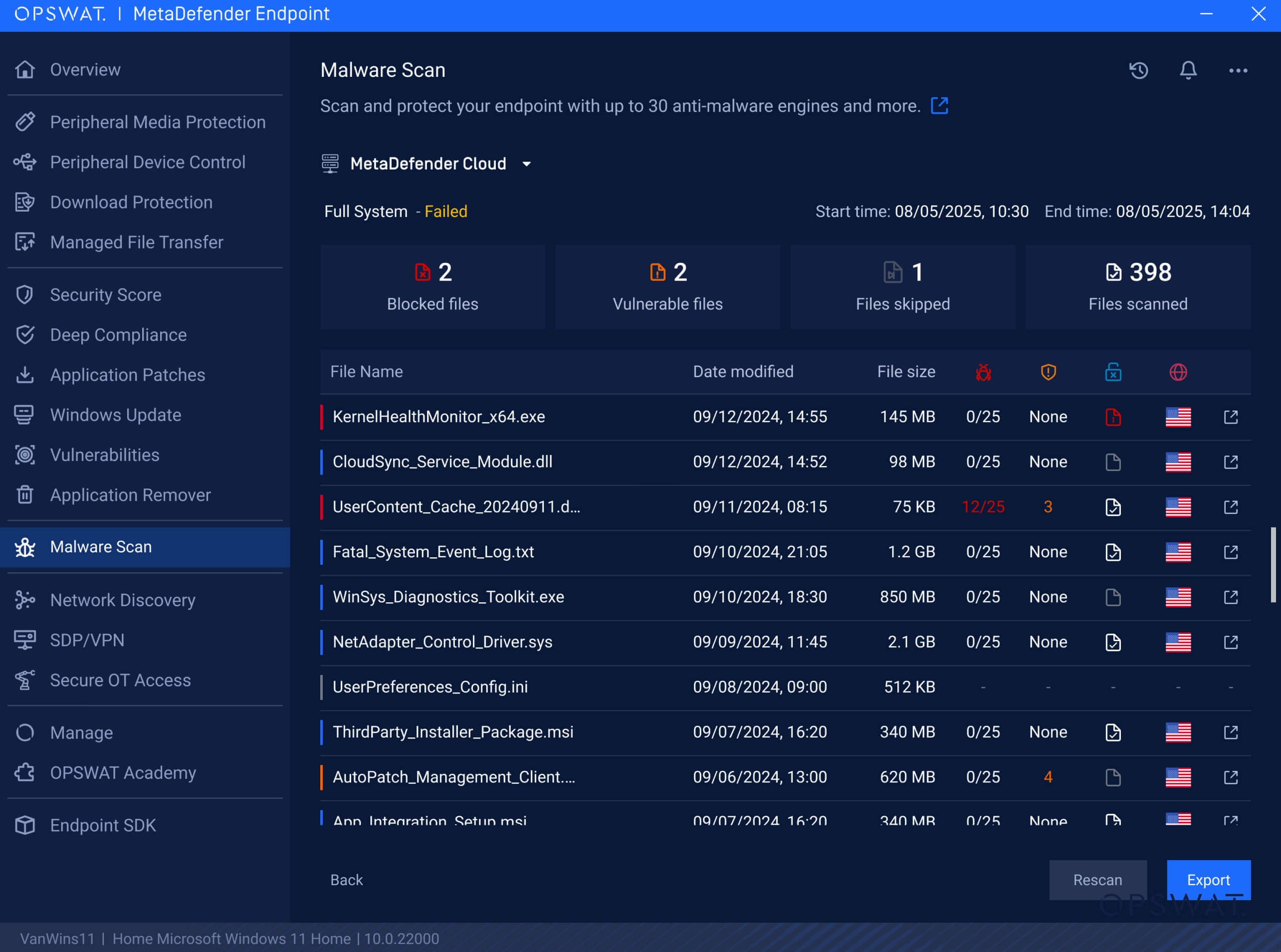 MetaDefender Endpoint v7.6.2508 release malware scan history screen showing audit trails and scan results