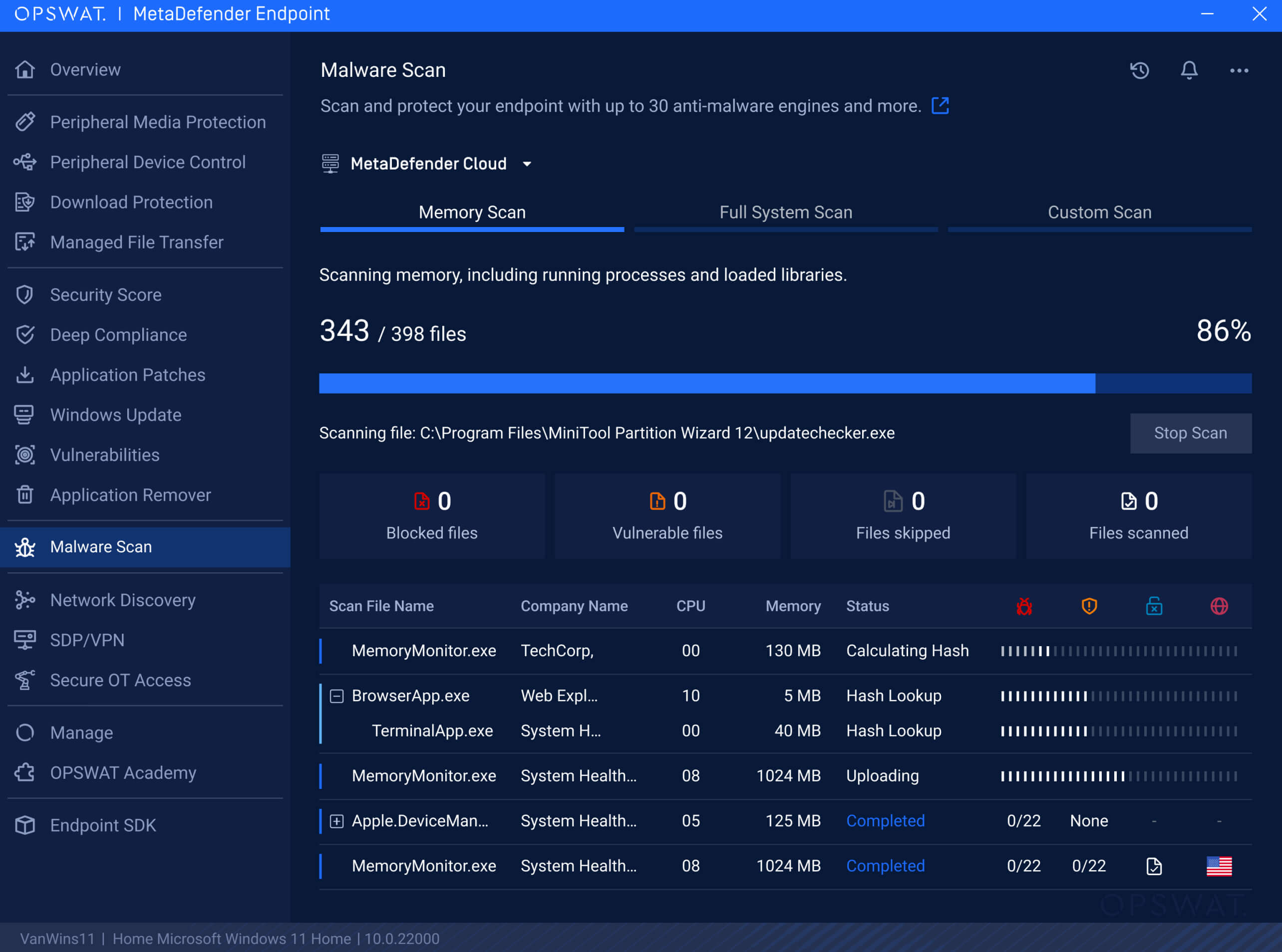 MetaDefender Endpoint v7.6.2508 release malware scan UI showing memory scan progress and detailed file insights