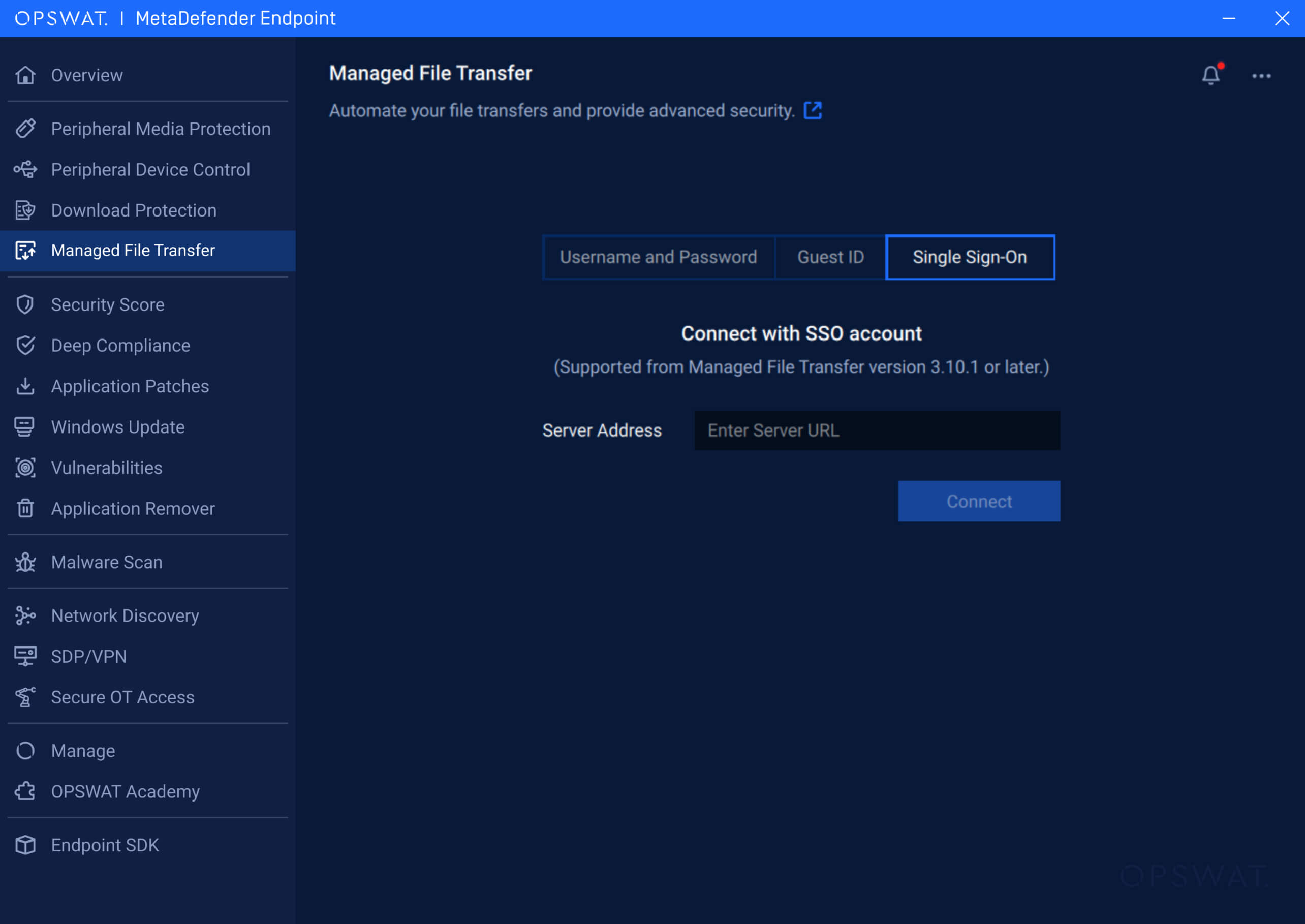 MetaDefender Endpoint UI zeigt Single Sign-On für verwalteten Dateitransfer und Update für Wechselmedienschutz