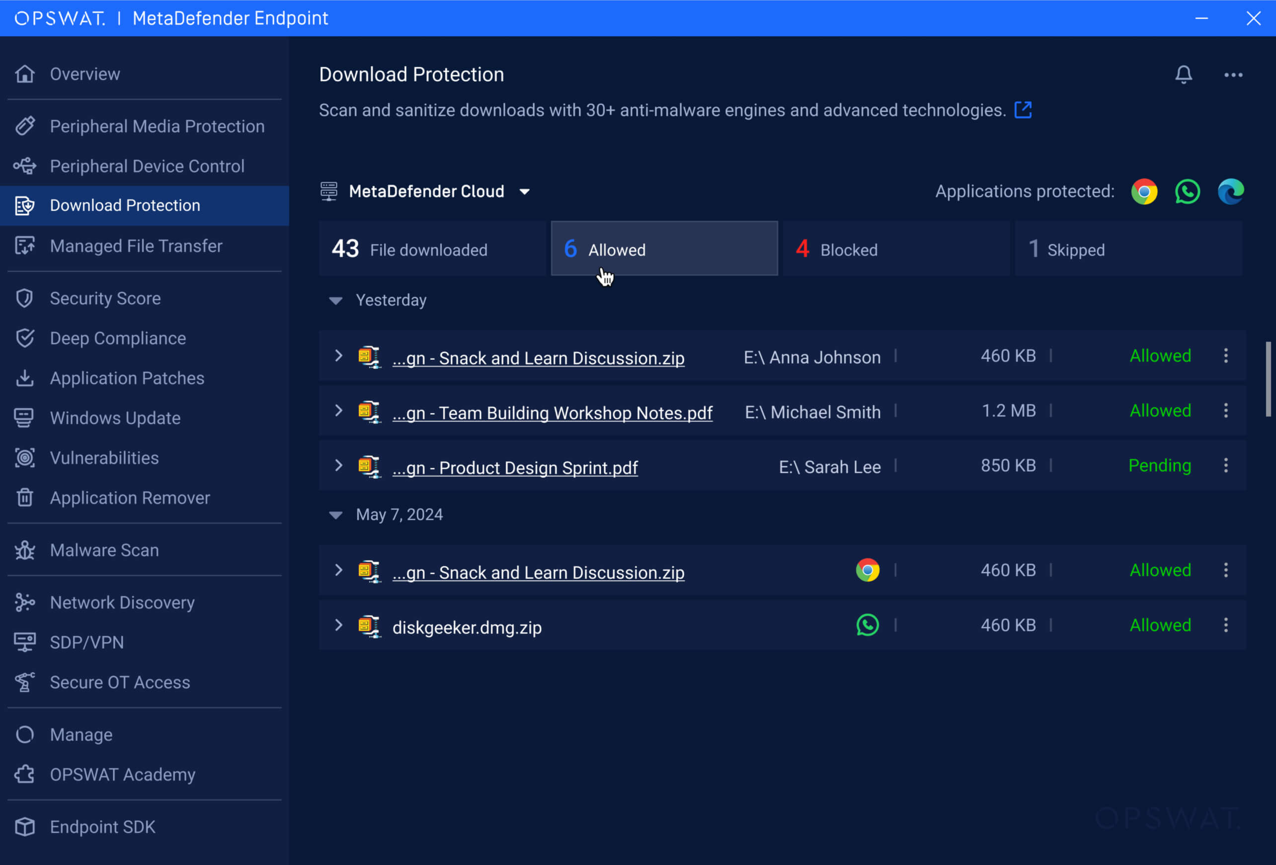 MetaDefender Endpoint Update UI zeigt Download-Schutz mit erlaubten, blockierten und übersprungenen Tabs