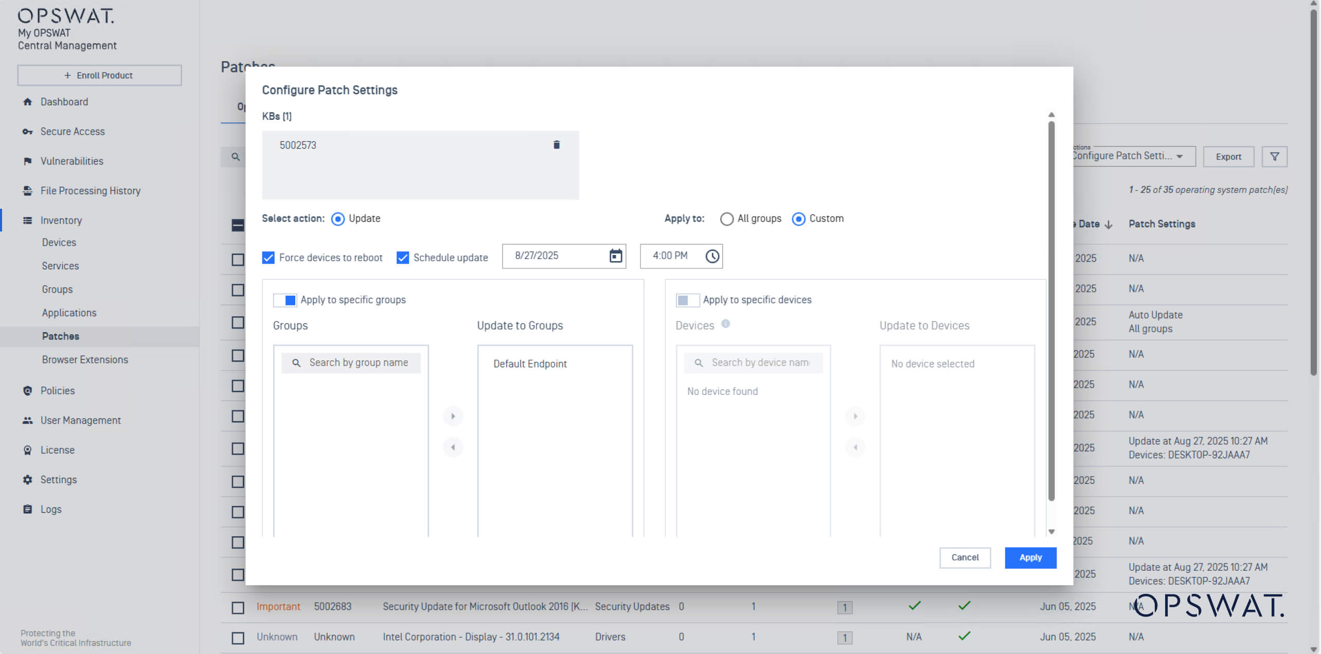 MetaDefender Endpoint Schutz für Wechseldatenträger Update-Patch-Einstellungen Bildschirm mit flexiblen Zeitplanungsoptionen
