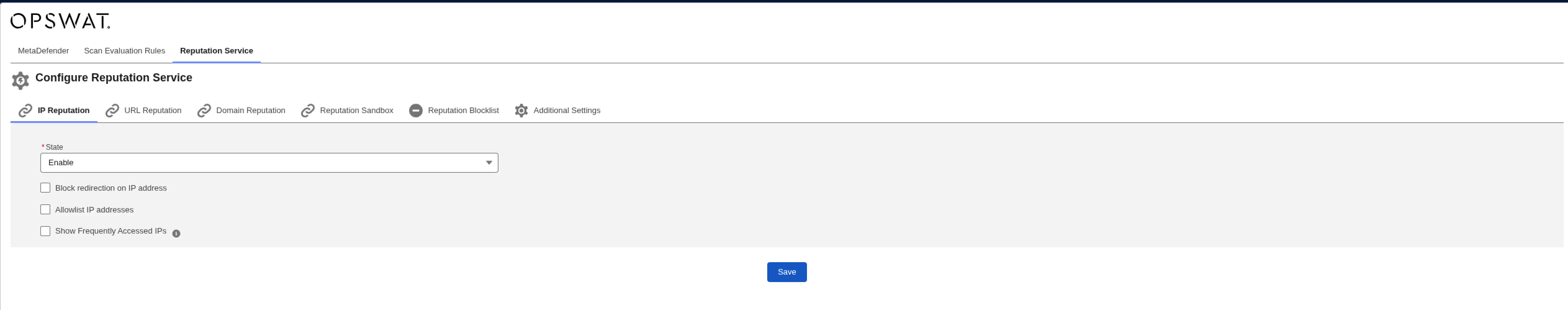 MetaDefender for Salesforce Reputation Service UI showing IP reputation settings and configuration options