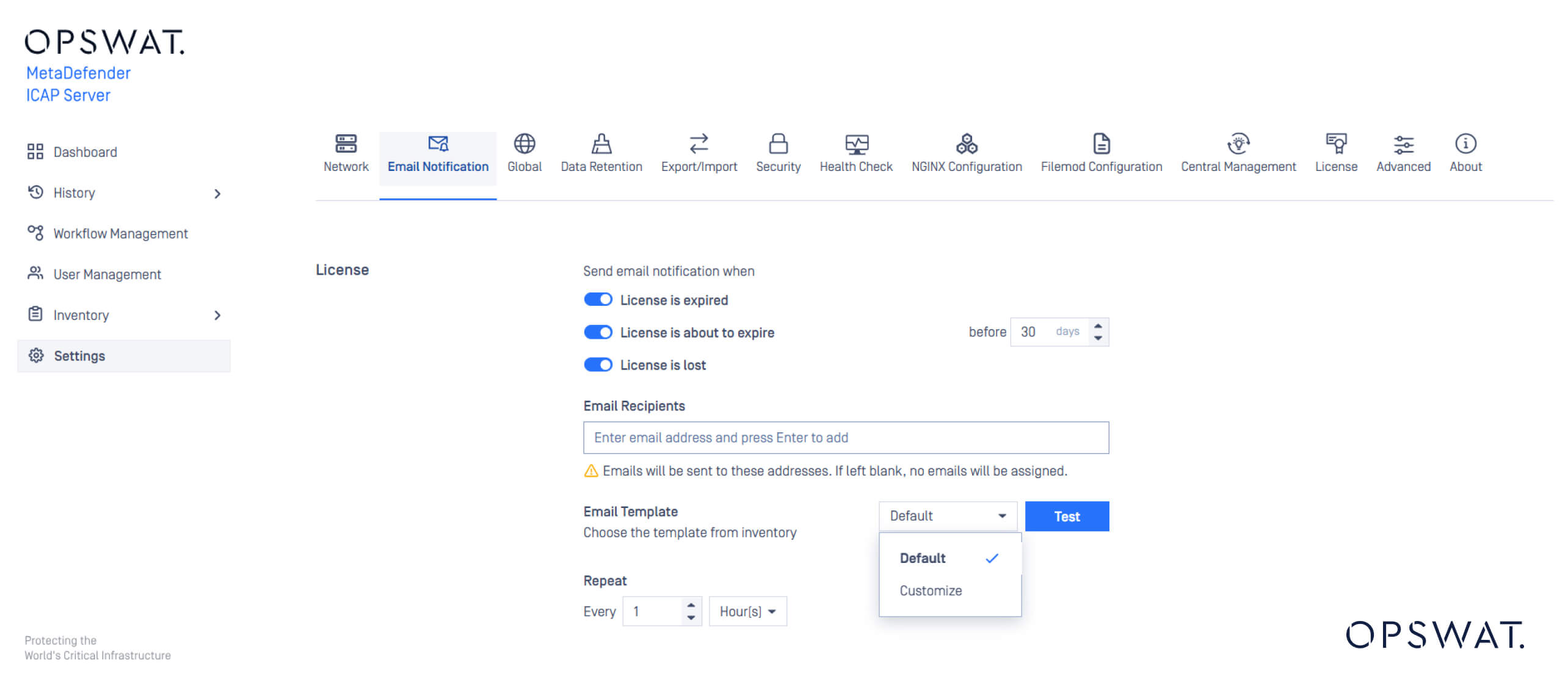 Screenshot displaying license expiry notification configuration in MetaDefender ICAP Server, supporting proactive license management
