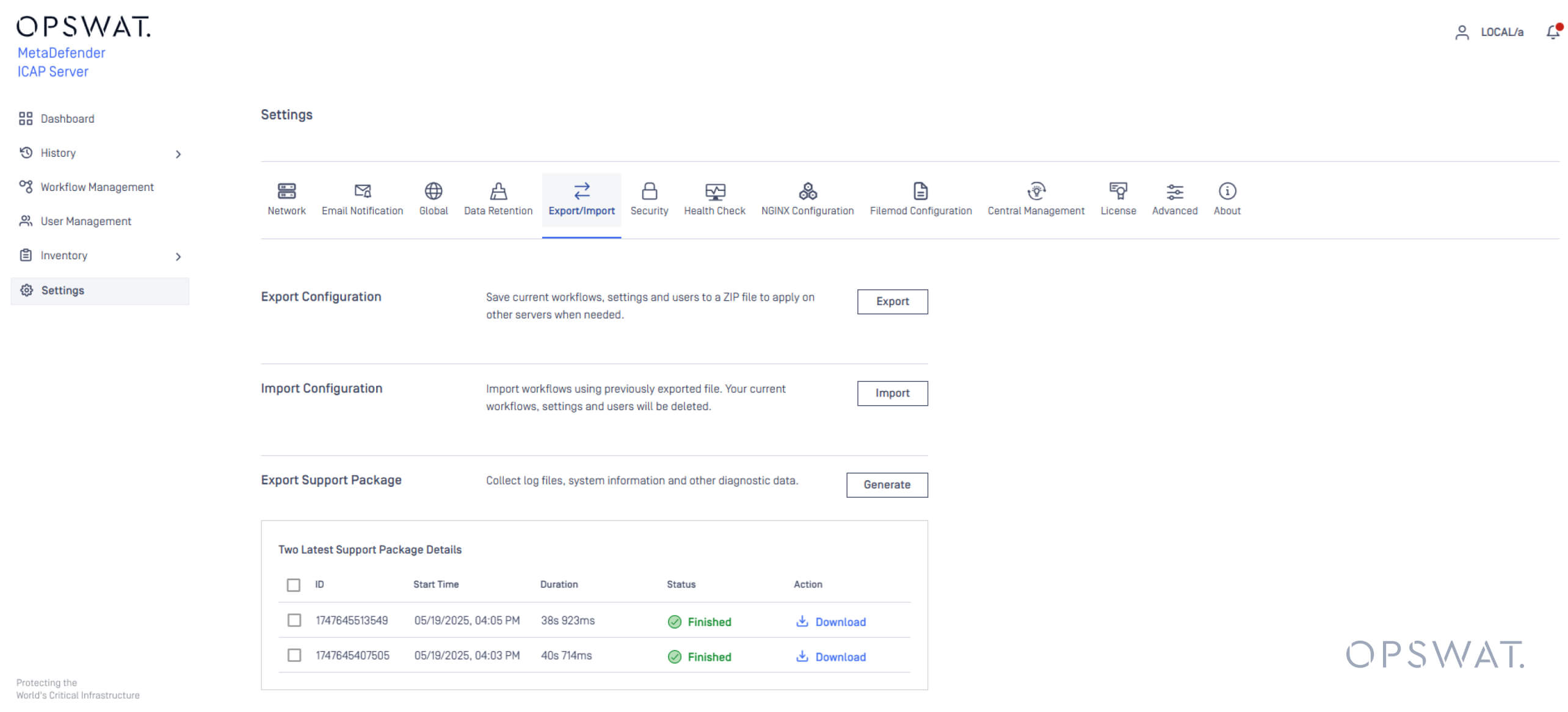 MetaDefender ICAP Server settings UI for exporting, importing, and downloading support packages