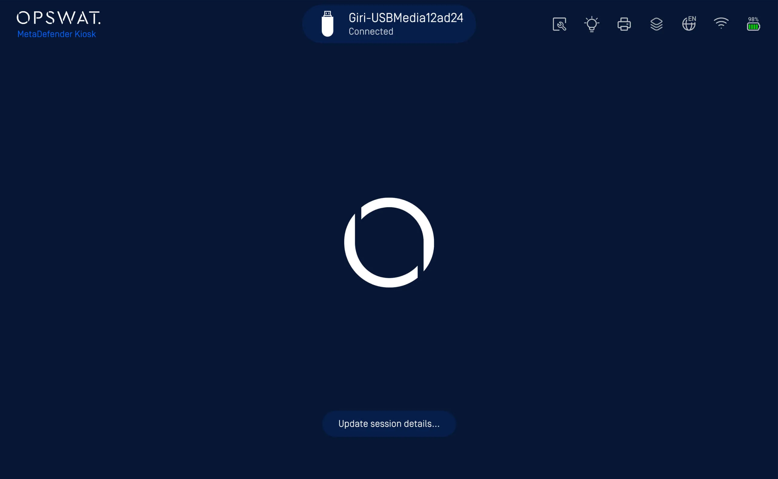 MetaDefender Kiosk 4.7.6 release UI showing USB media detection and session update in progress