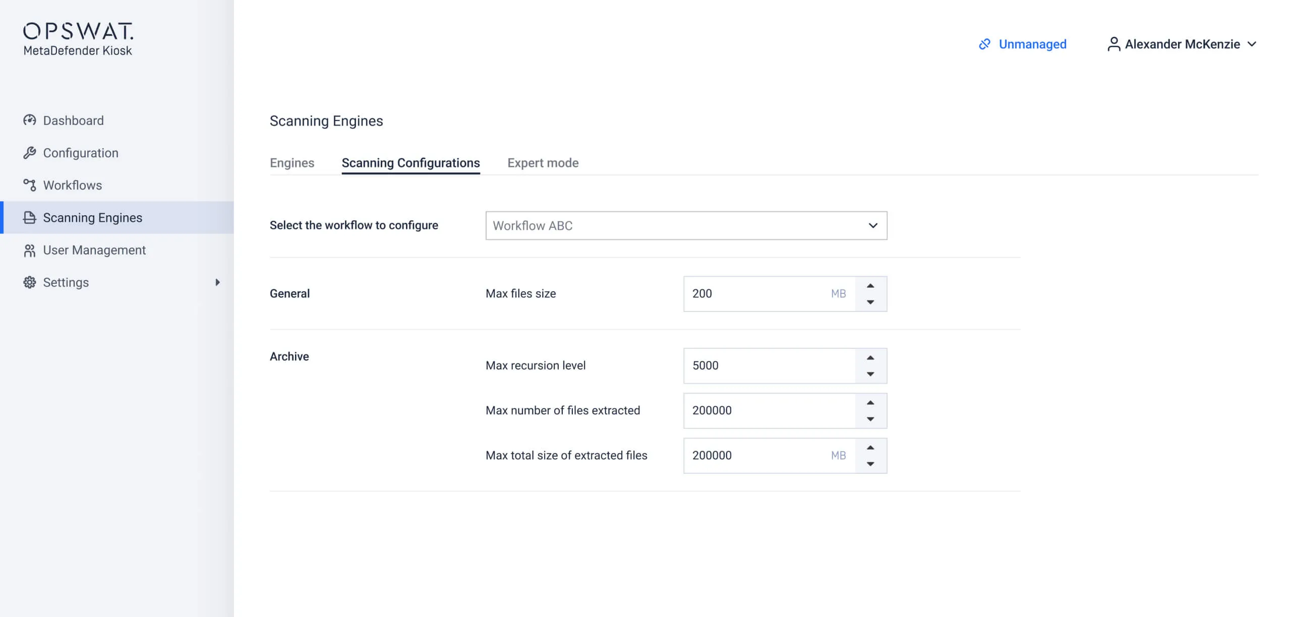 MetaDefender Kiosk 4.7.6 release UI shows Scanning Engines workflow and configuration settings