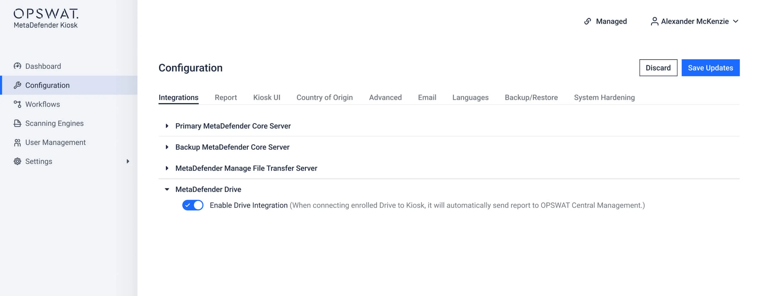 MetaDefender Kiosk 4.7.6 release configuration screen showing drive integration enabled