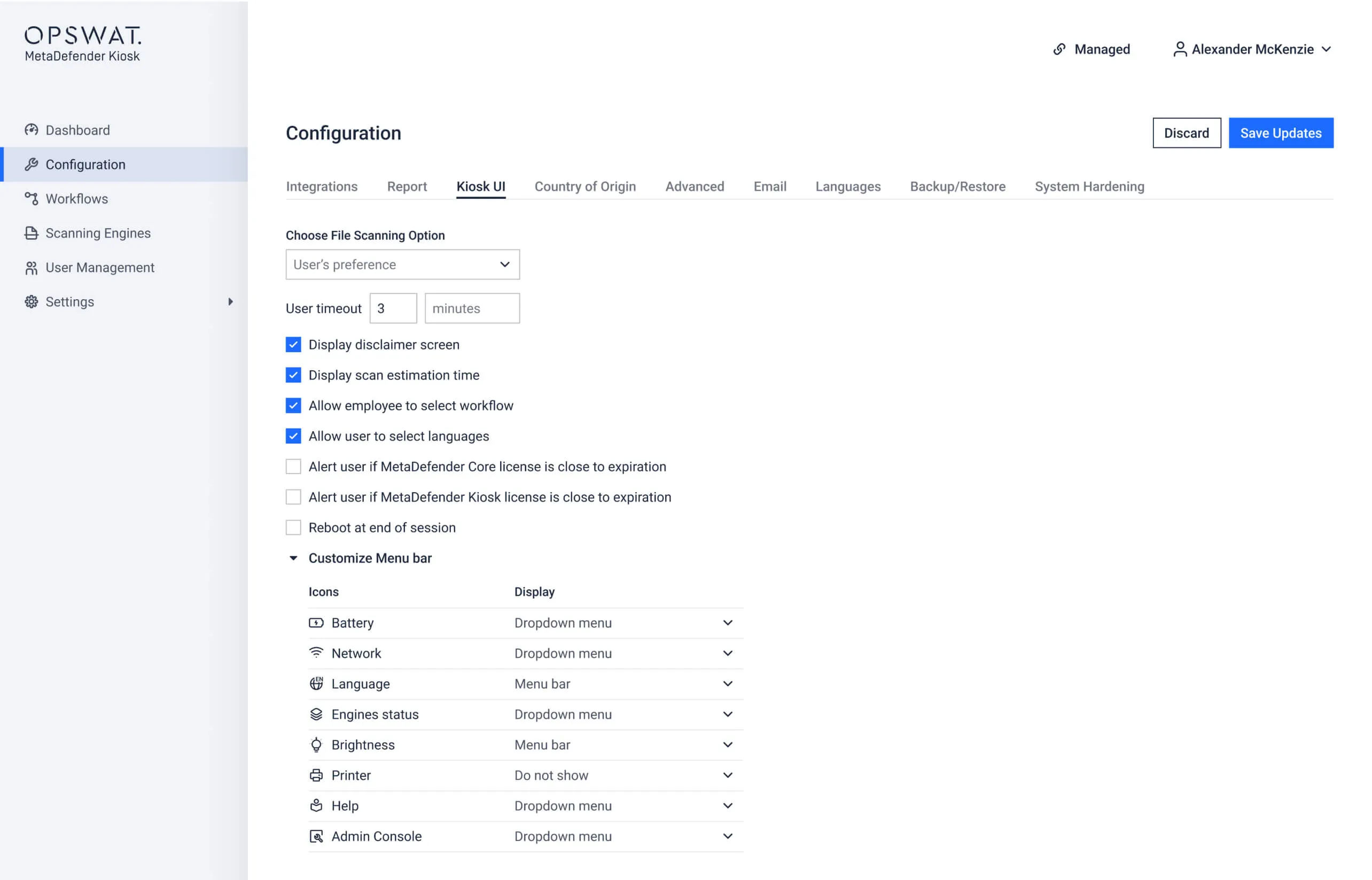MetaDefender Kiosk 4.7.6 release configuration screen showing customizable icon display options in Kiosk UI