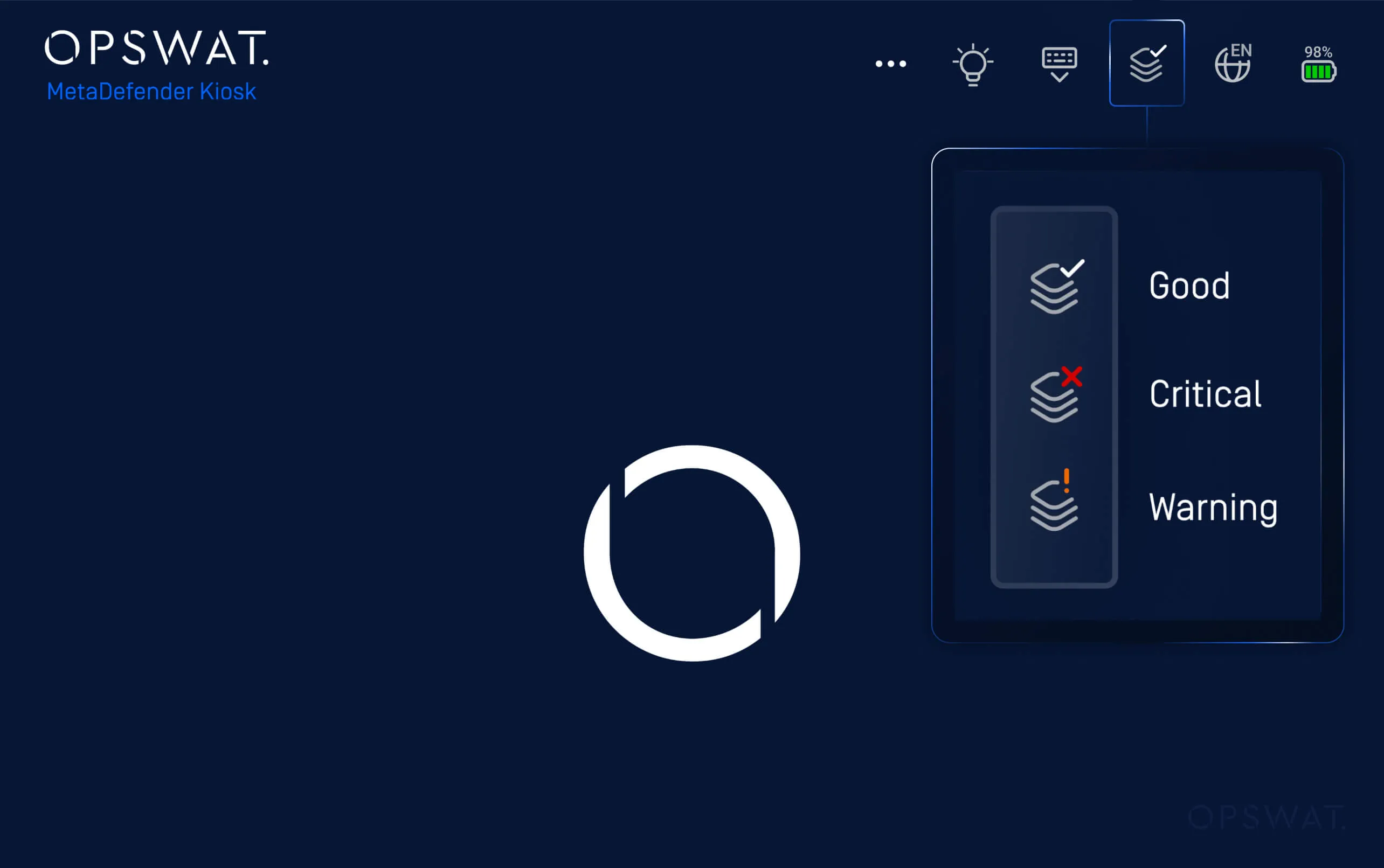 MetaDefender Kiosk 4.7.6 release readiness screen showing Good, Critical, and Warning status icons