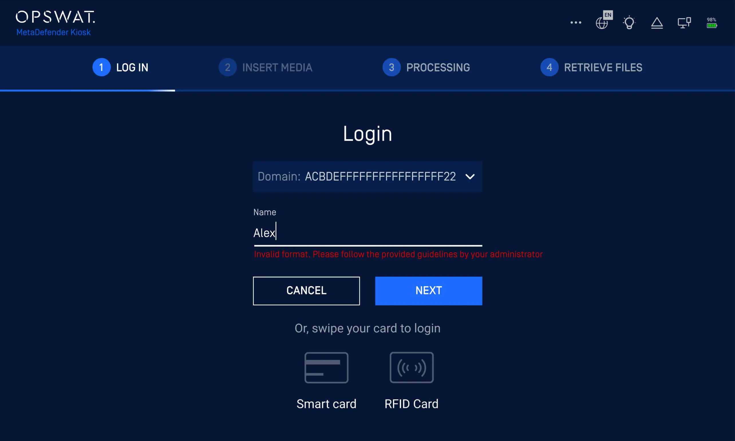 MetaDefender Kiosk 4.7.6 release login screen showing invalid name format error during user validation