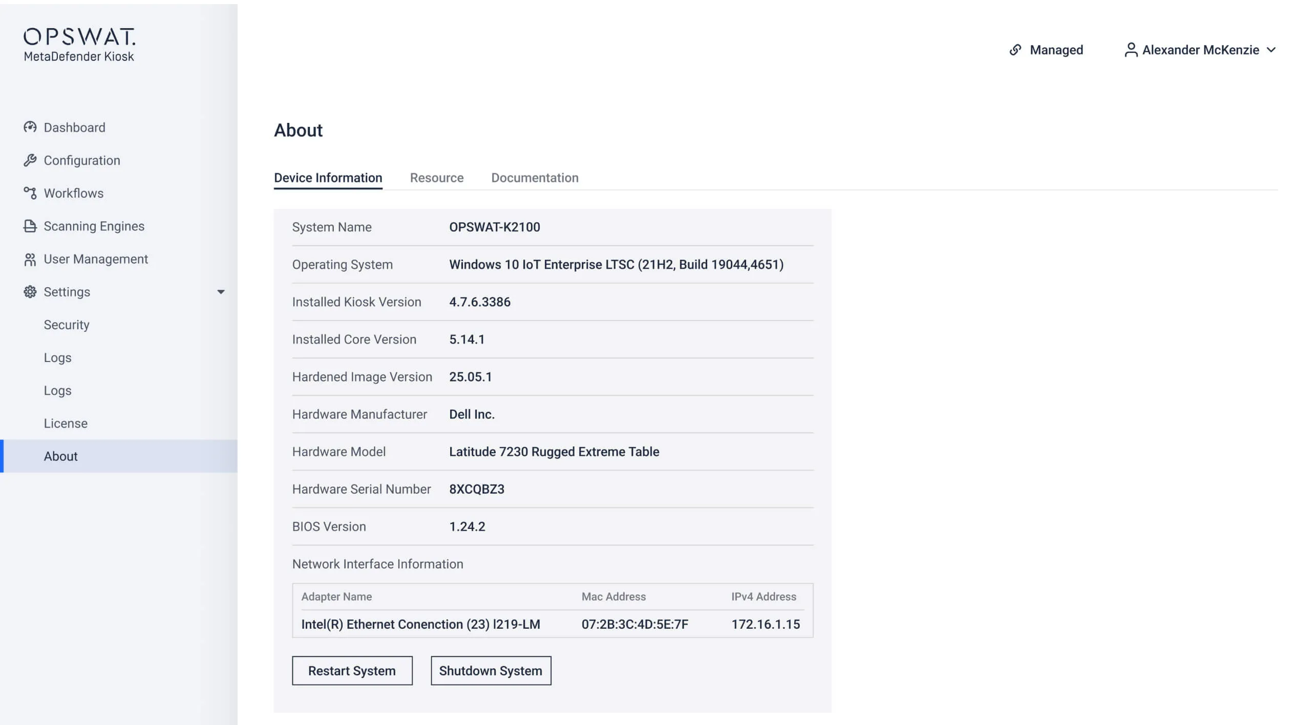 MetaDefender Kiosk 4.7.6 release About page showing hardware and system information details