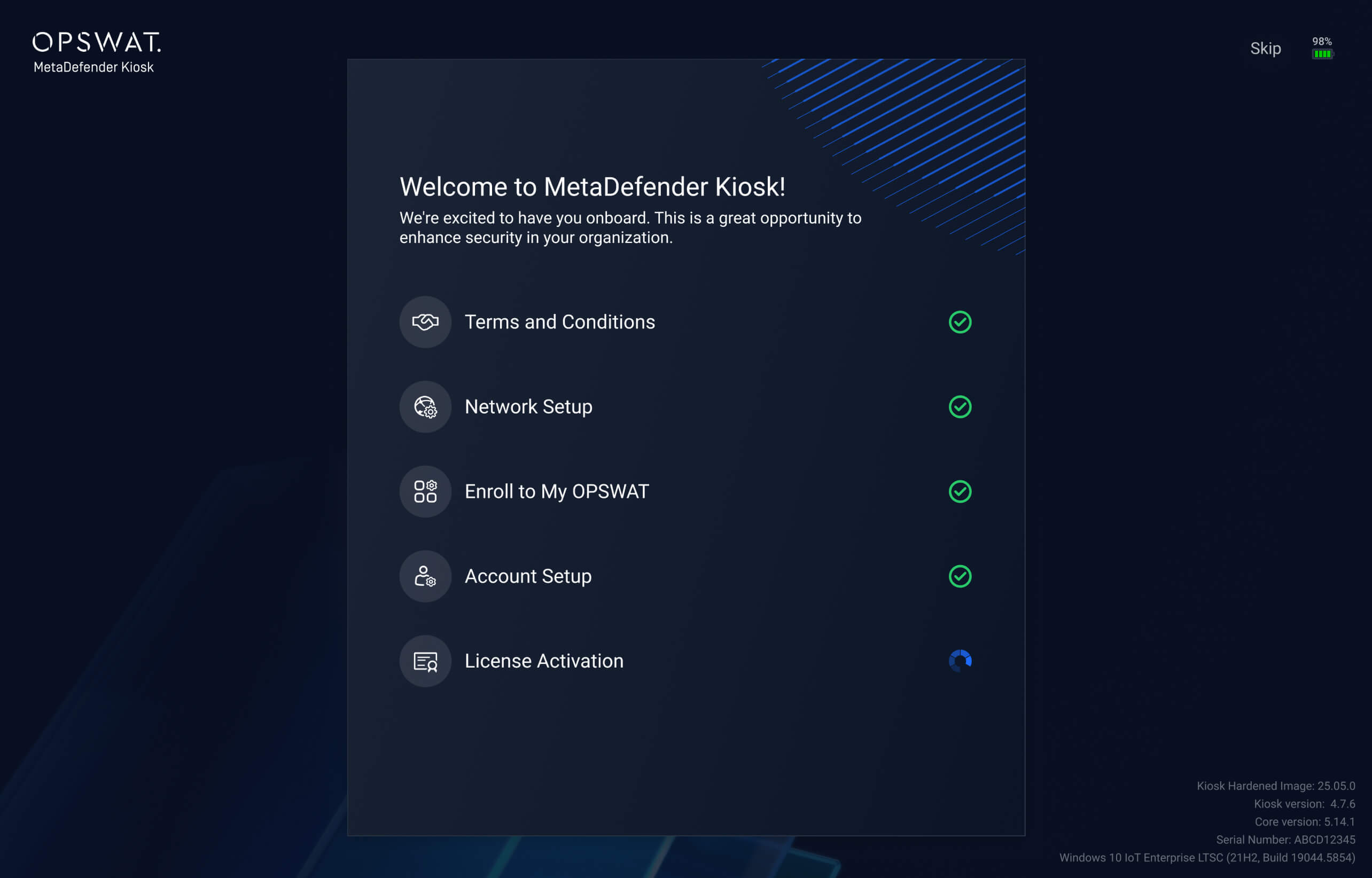İlerleme göstergeleriyle birlikte önceden yapılandırılmış kurumsal dağıtım adımlarını gösteren MetaDefender Kiosk v4.7.7 kurulum ekranı