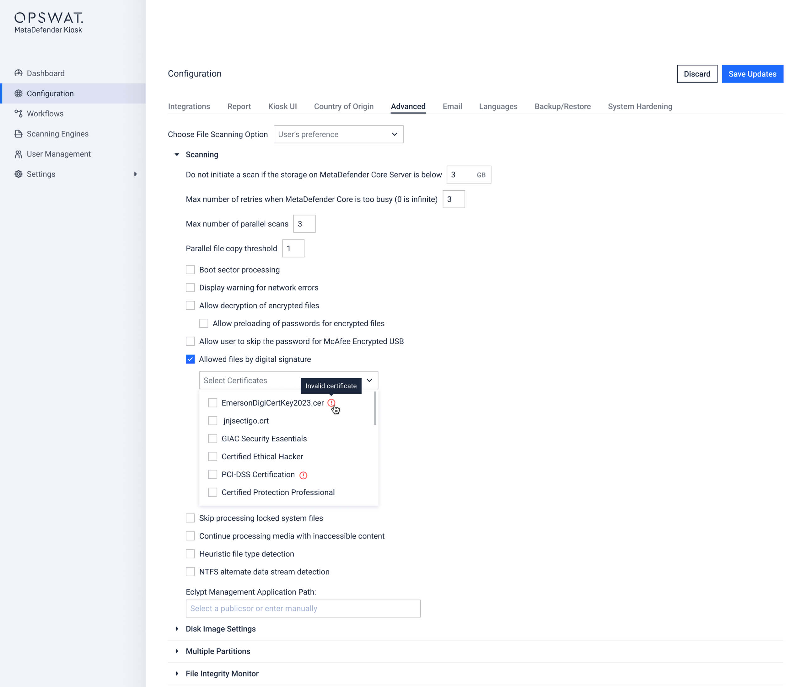 MetaDefender Kiosk v4.7.7 otomatik onay için güvenilir yazılım sertifikalarını belirlemeye yönelik gelişmiş yapılandırma ekranı