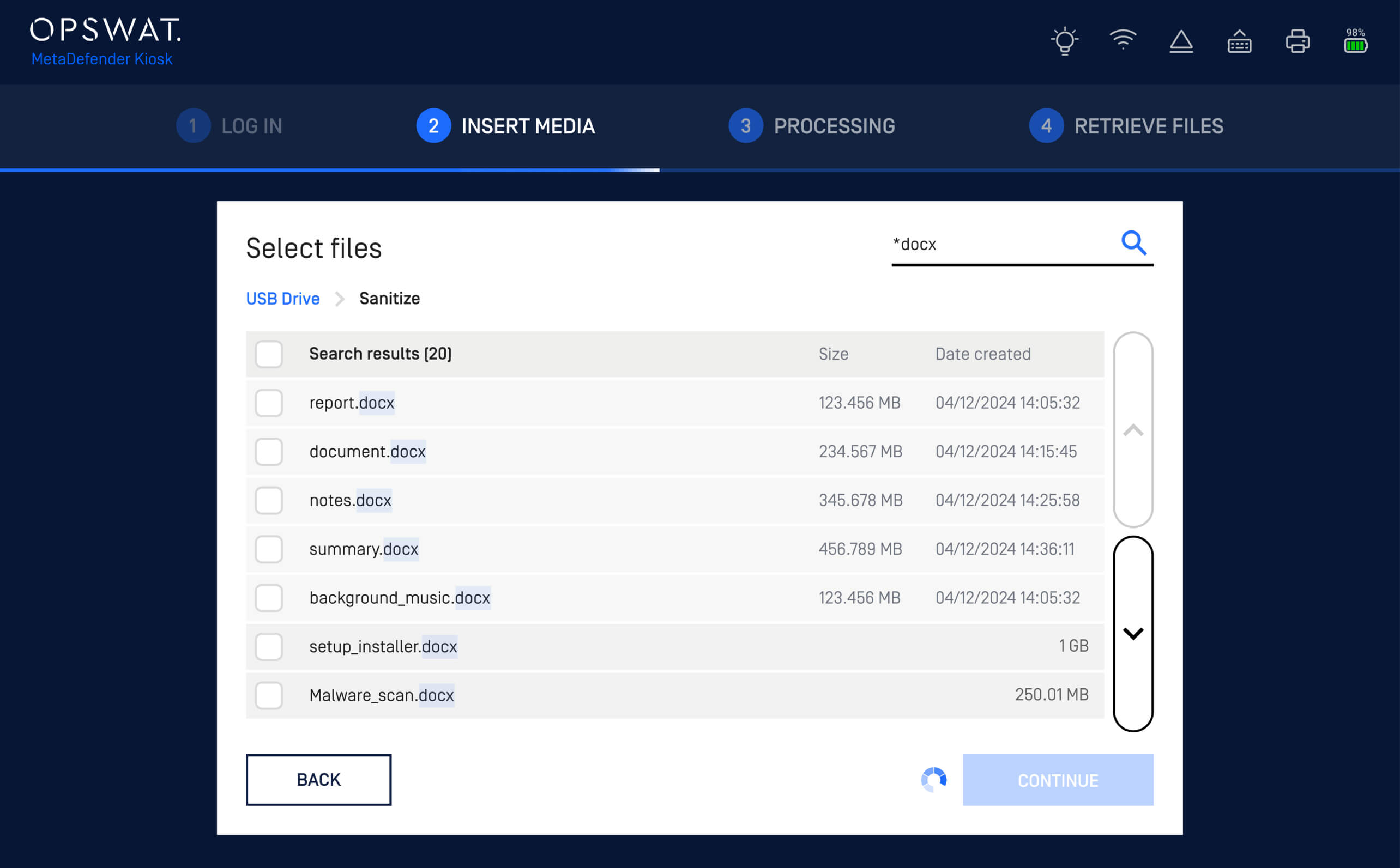MetaDefender Kiosk v4.7.7 .docx dosyaları için arama ve tarama seçeneklerini gösteren dosya seçim ekranı