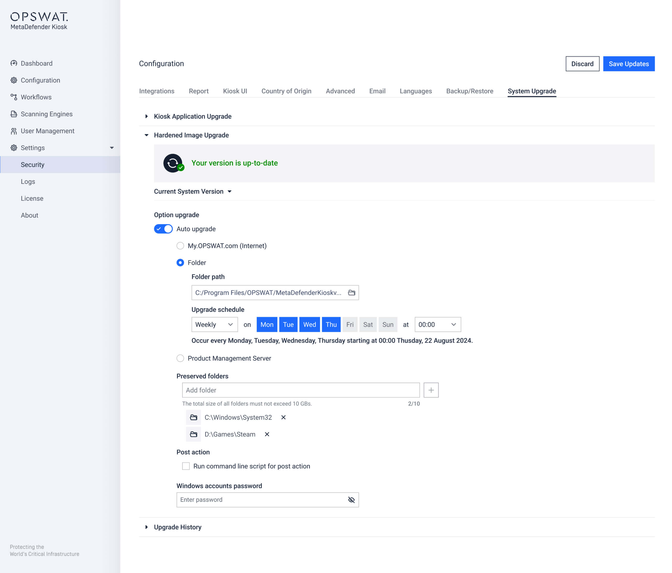 Kiosk yükseltme yolunu, zamanlamayı ve korunan klasörleri gösteren MetaDefender Kiosk v4.7.7 sistem yükseltme ayarları ekranı