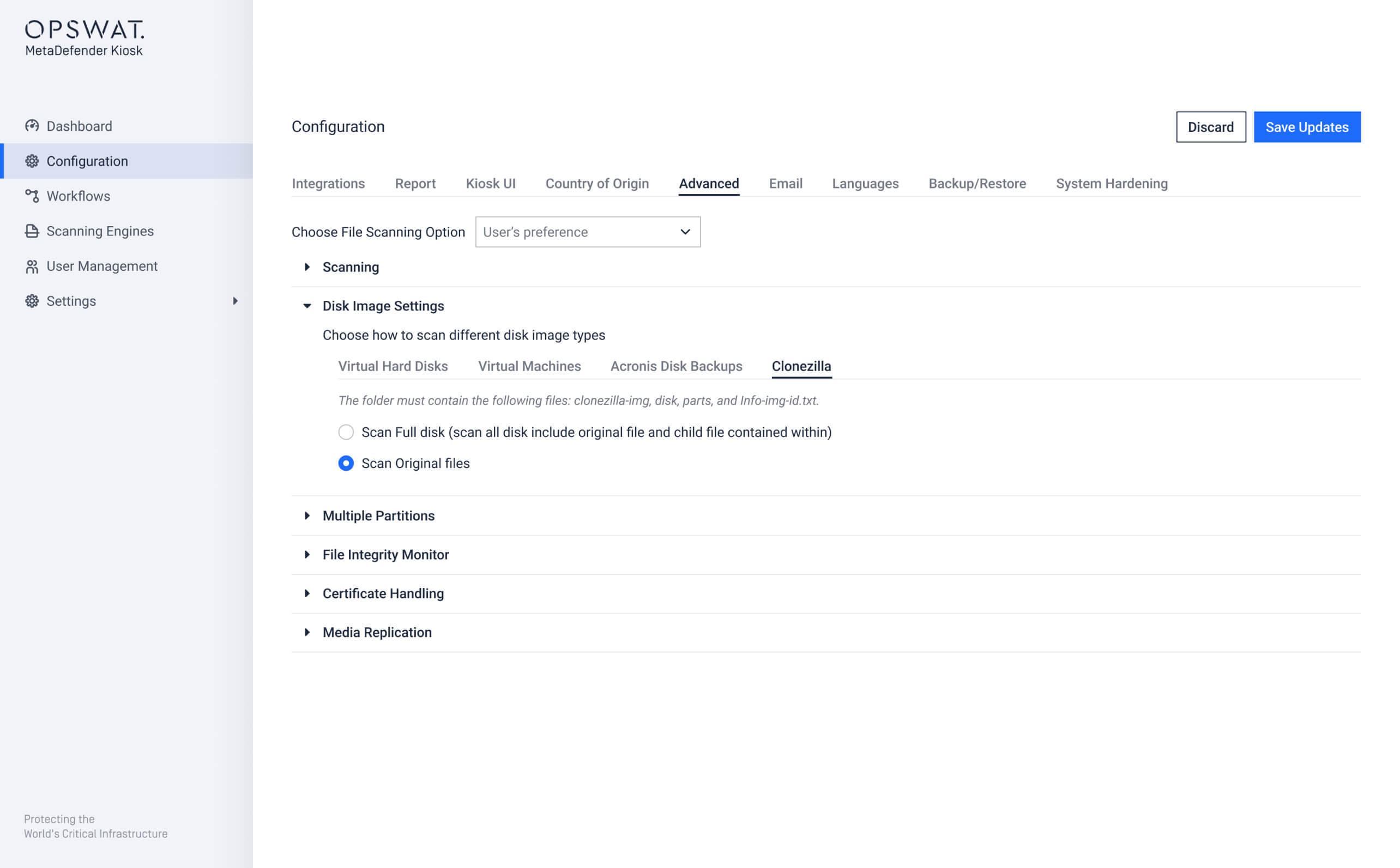 MetaDefender Kiosk v4.7.7 Gelişmiş yapılandırma kullanıcı arayüzünde Clonezilla tarama desteği ayarları