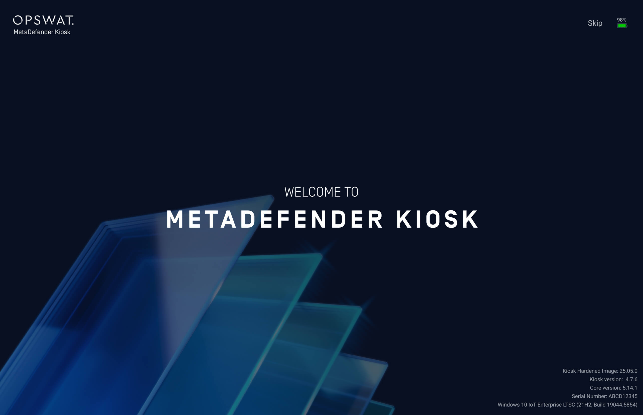 MetaDefender Kiosk v4.7.7 OPSWAT logolu karşılama ekranı ve koyu arka plan üzerinde sistem bilgileri