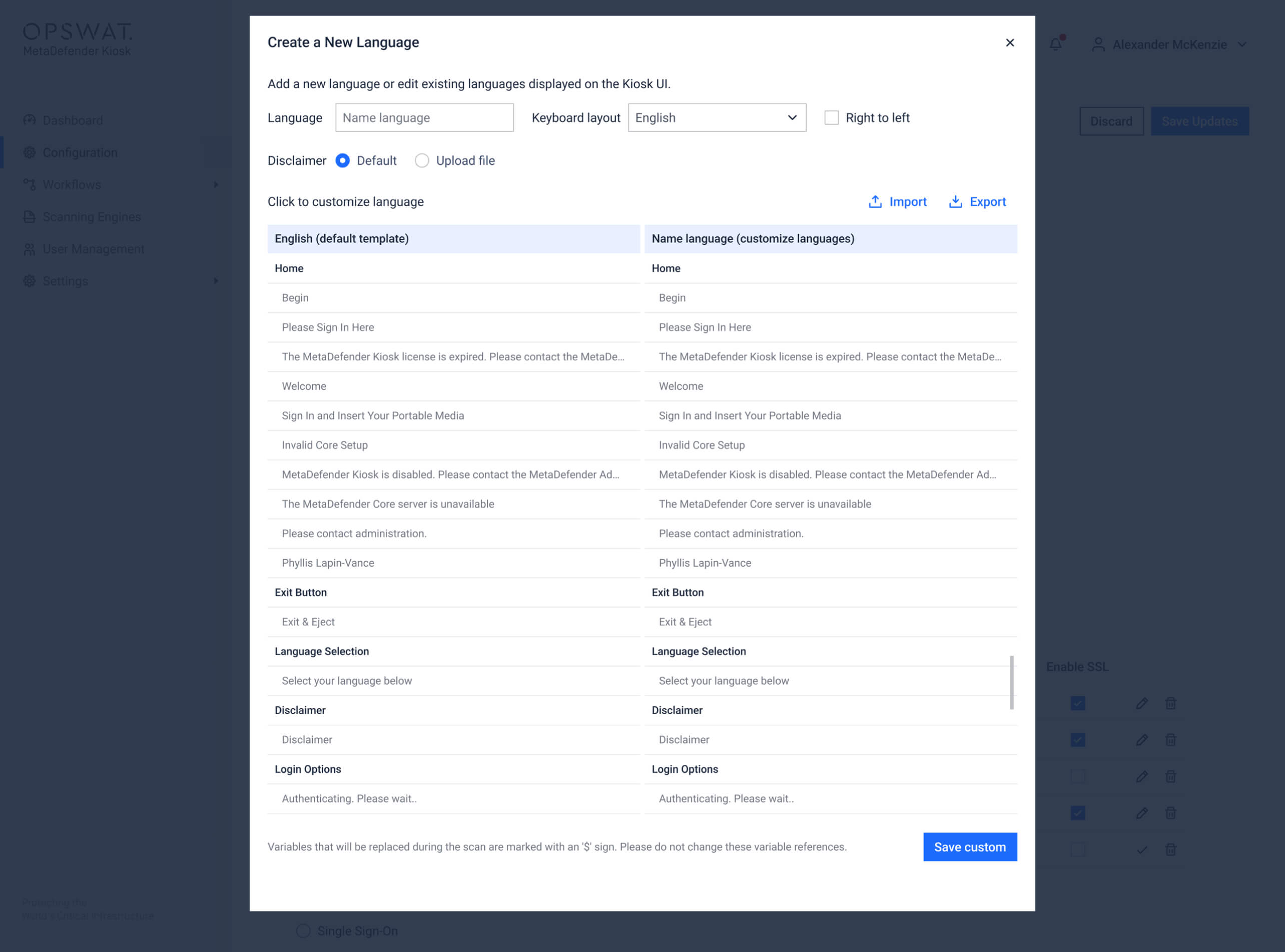 MetaDefender Kiosk Windows v4.7.9 language import export screen