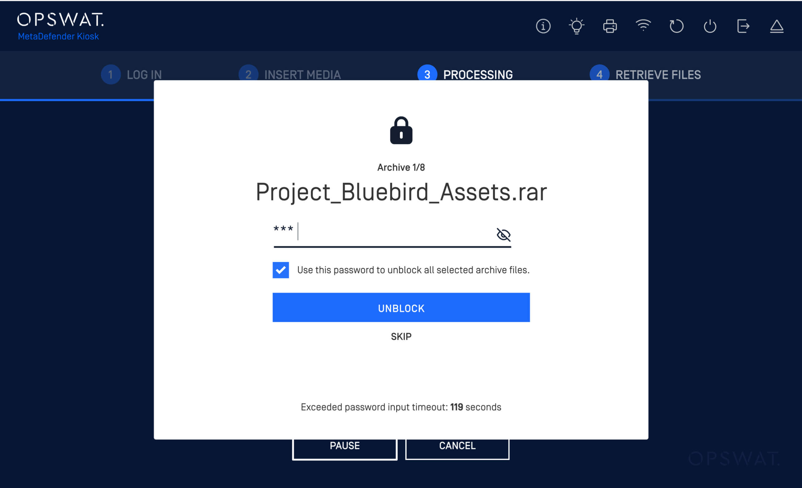 MetaDefender Kiosk Windows v4.7.9 password entry timeout screen for removable media protection during scans