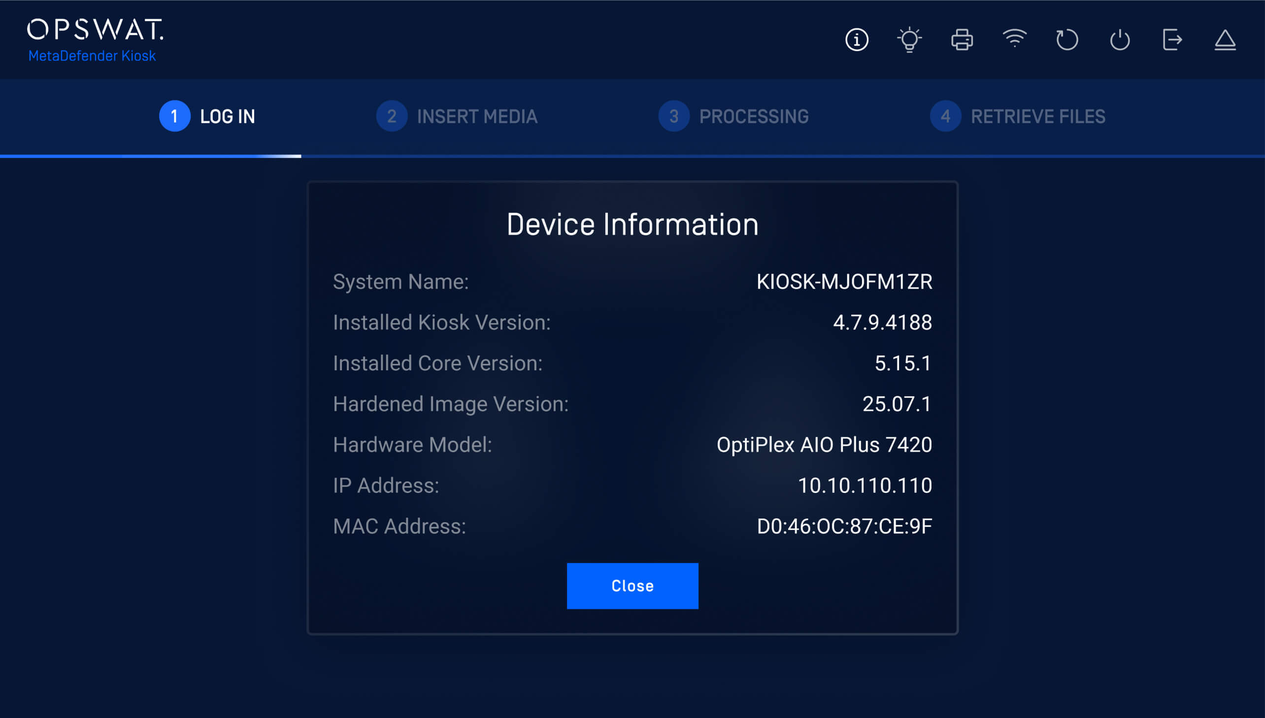 MetaDefender Kiosk Windows v4.7.9 UI showing device info for removable media protection