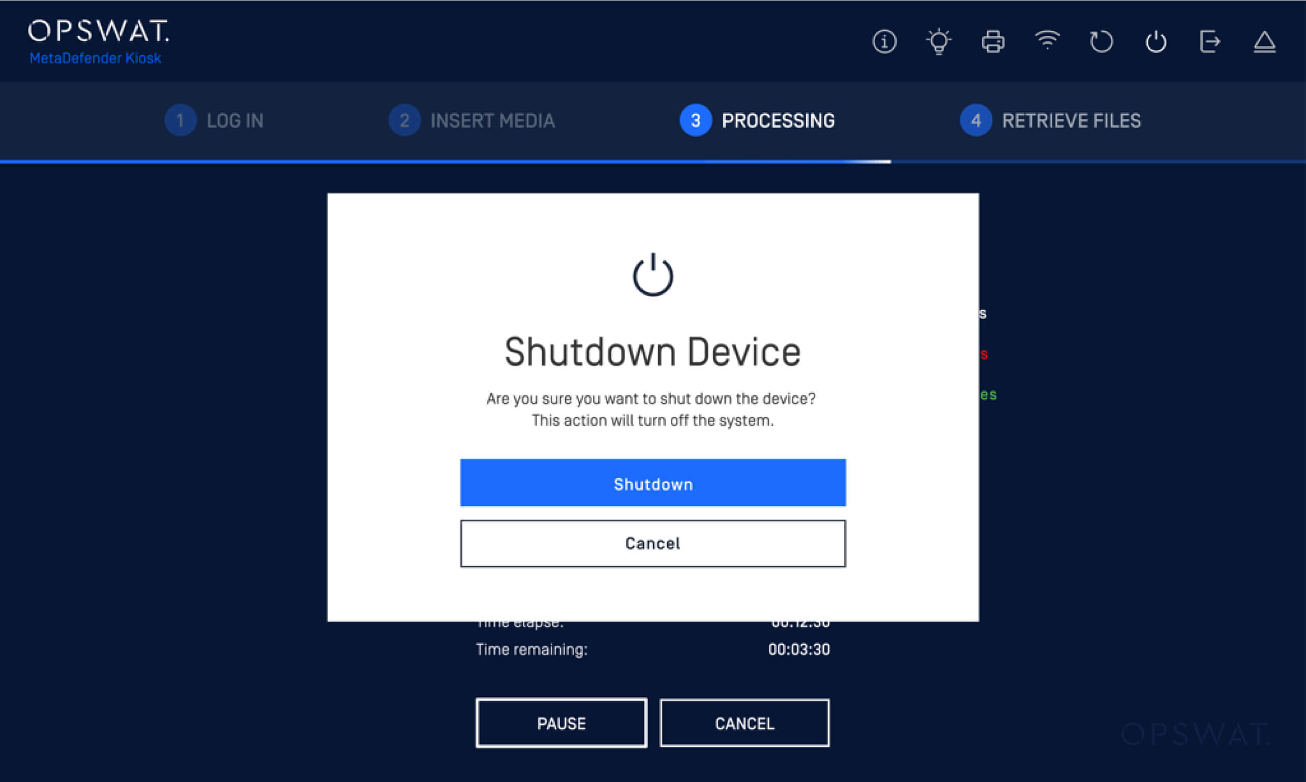 MetaDefender Kiosk Windows v4.7.9 shutdown device popup showing power options
