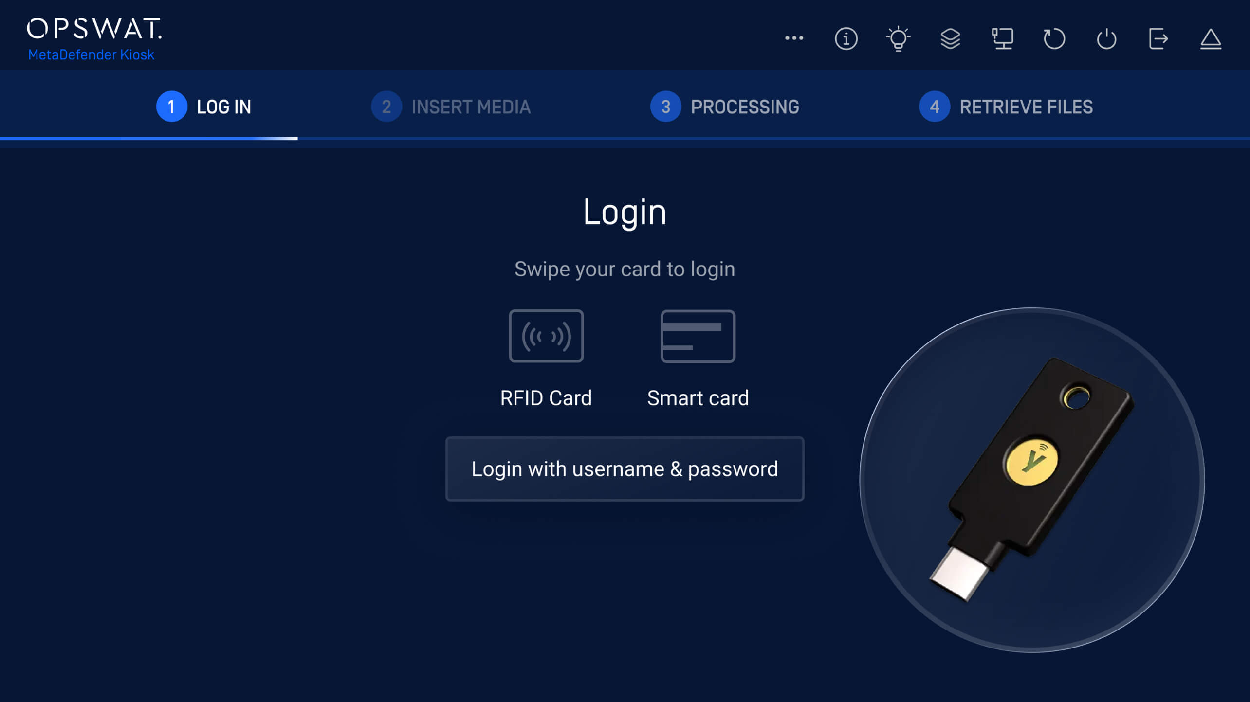 MetaDefender Kiosk Windows v4.7.9 login screen showing YubiKey smart card and NFC integration