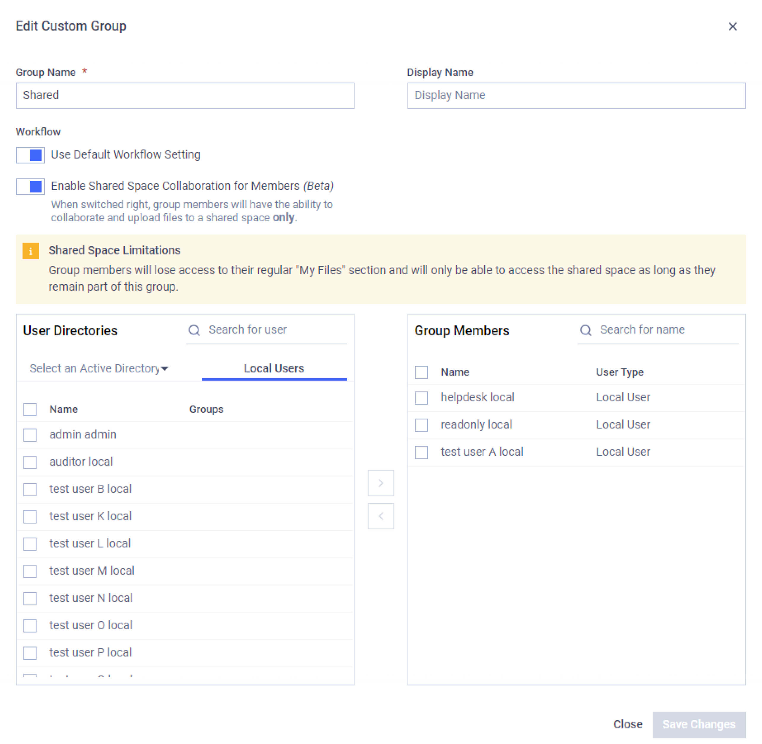 Screen showing the interface for editing custom groups, including shared space limitations for file collaboration