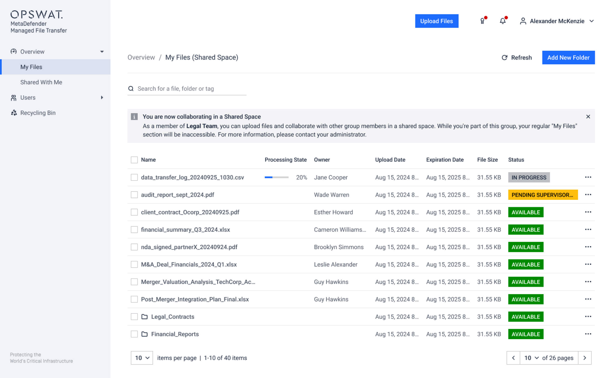 Screenshot of the "My Files" shared space dashboard, showing the status and processing state of uploaded files
