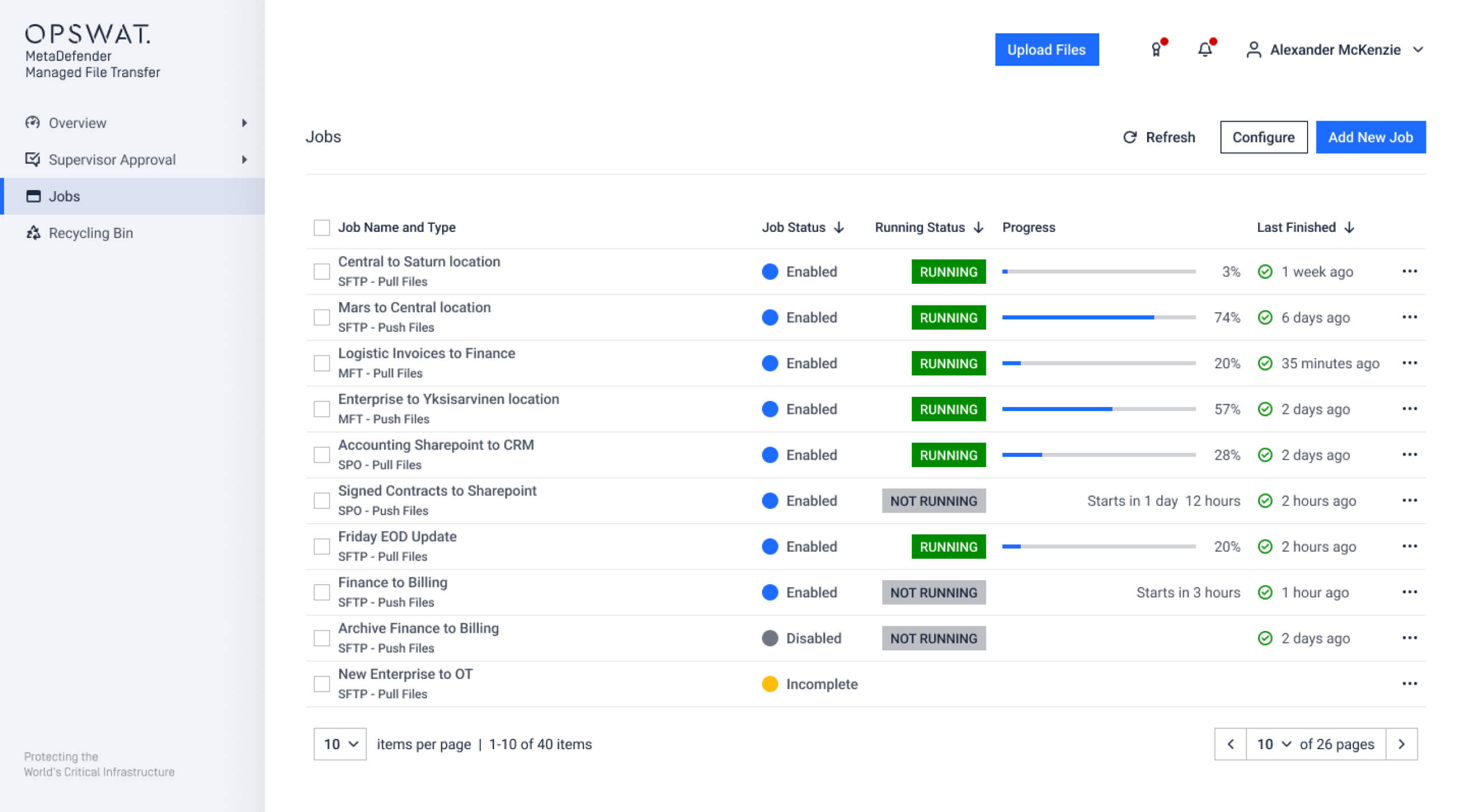 Screenshot of the jobs dashboard, showing the status and progress of various file transfer jobs in MetaDefender