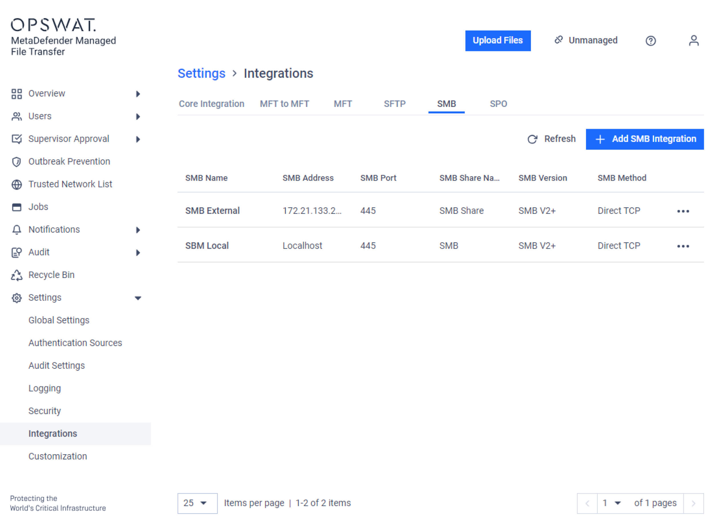 Screenshot of the settings page for integrating SMB connections with MetaDefender Managed File Transfer