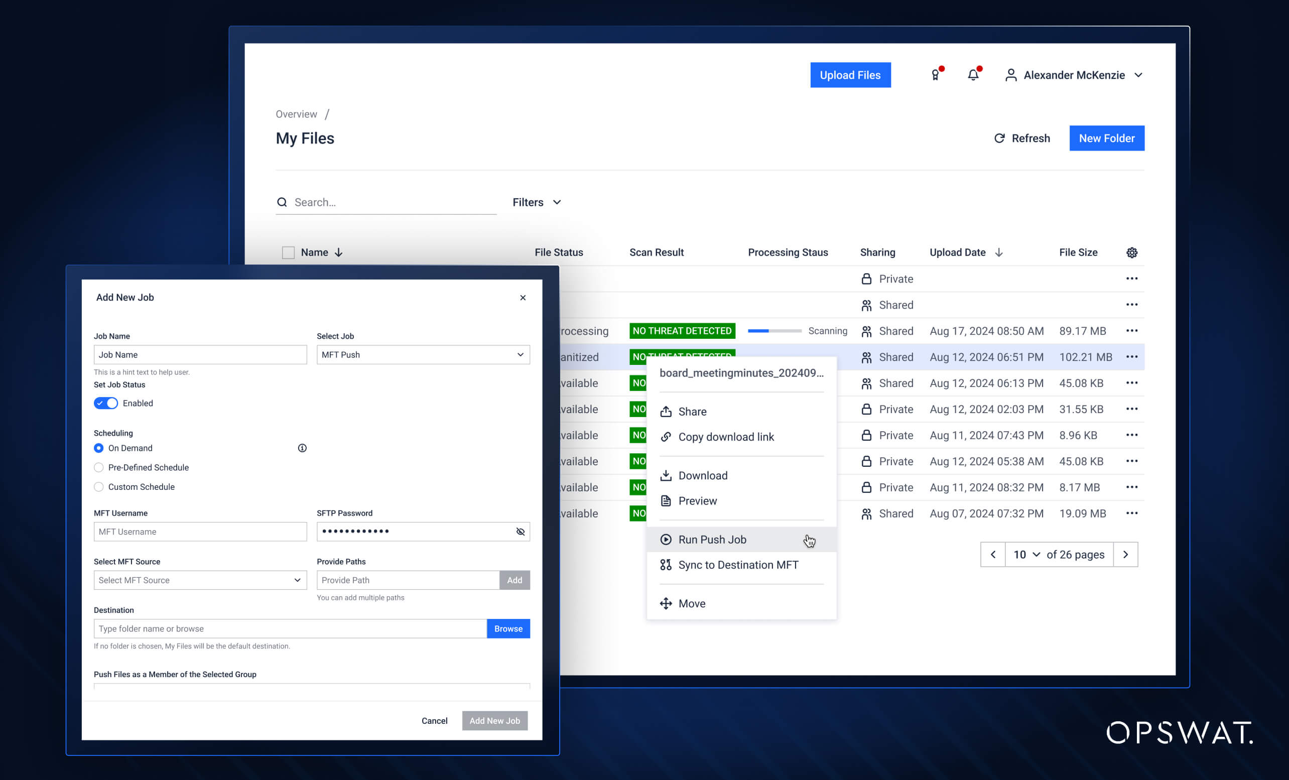 Dosyaları güvenli bir şekilde taramak, paylaşmak ve yönetmek için seçenekler içeren bir dosya yönetimi panosu görüntüleyen kullanıcı arayüzü