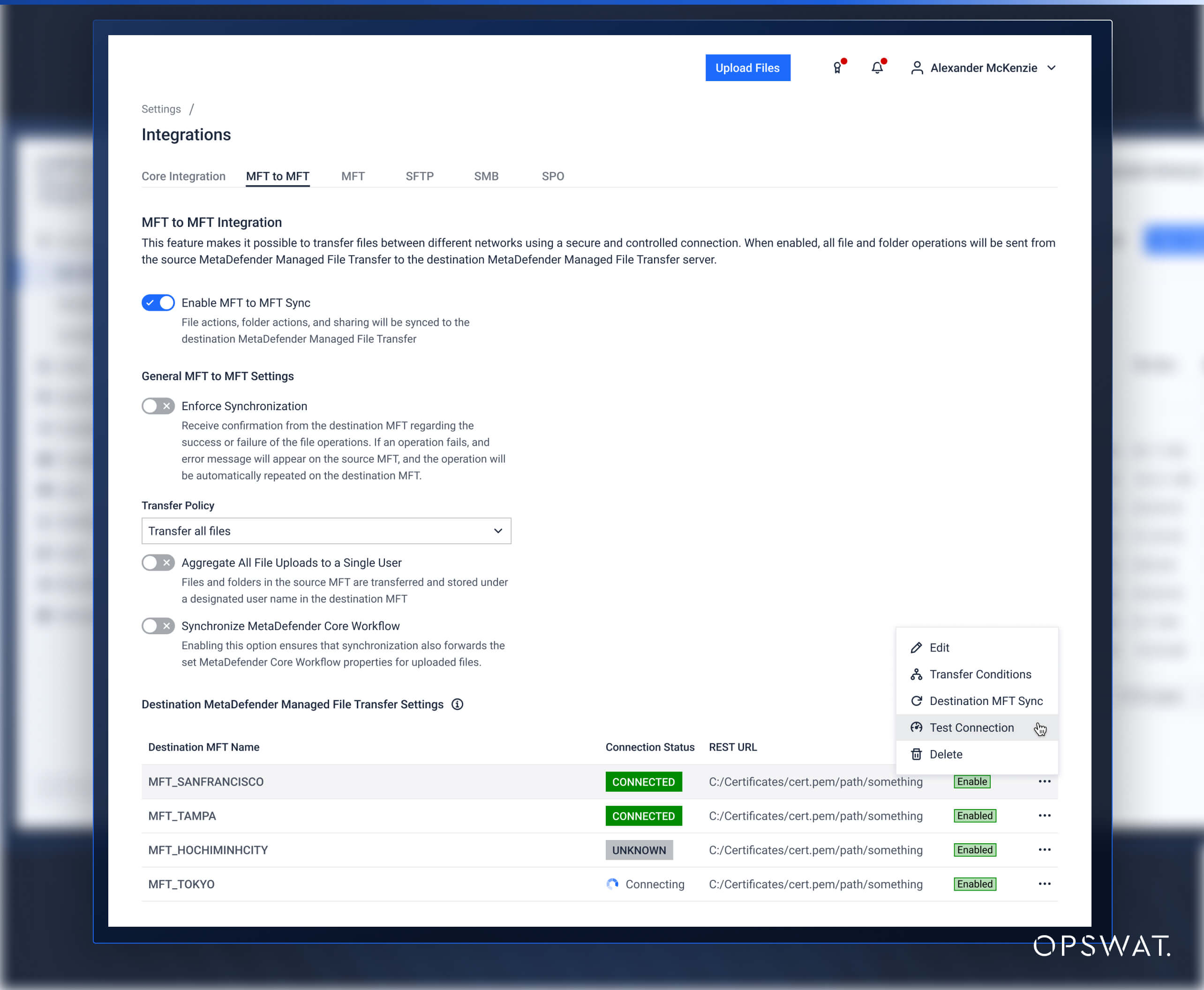 Bağlantı durumları ve senkronizasyon seçenekleriyle birlikte Managed File Transfer MFT) entegrasyon ayarlarını görüntüleyen arayüz