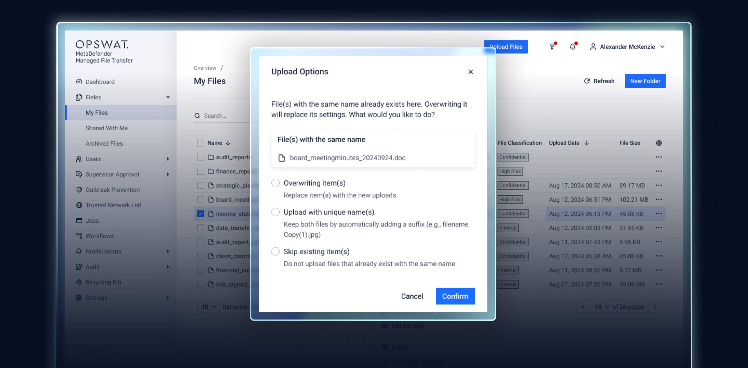 MetaDefender MFT 3.10.0 Update Upload-Optionen-Dialog für den Umgang mit doppelten Dateien zur Vermeidung von Datenverlust