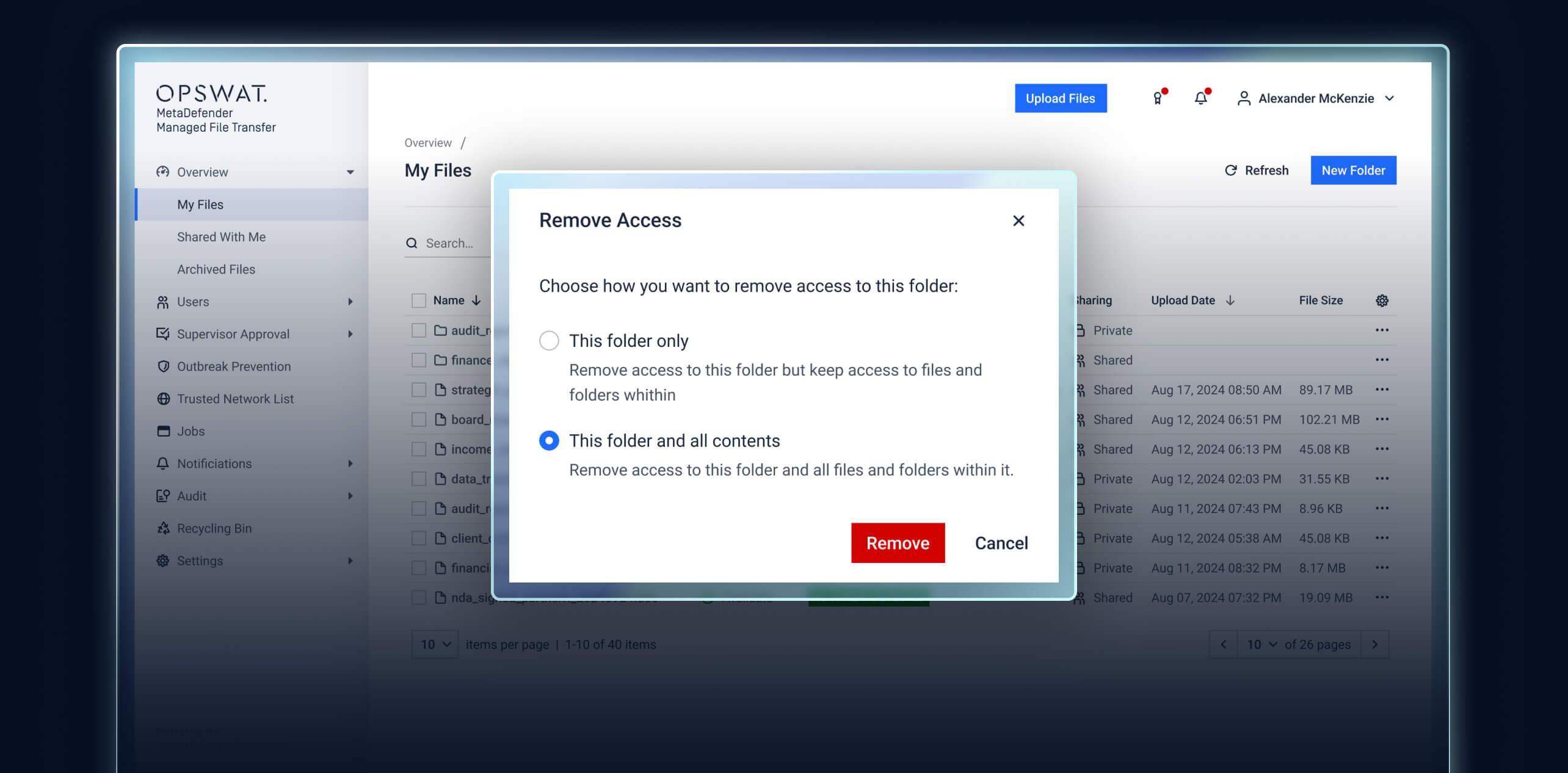 MetaDefender MFT 3.10.0 Update UI zeigt das Entfernen des Zugriffs für alle freigegebenen Dateien und Ordner mit einem Klick
