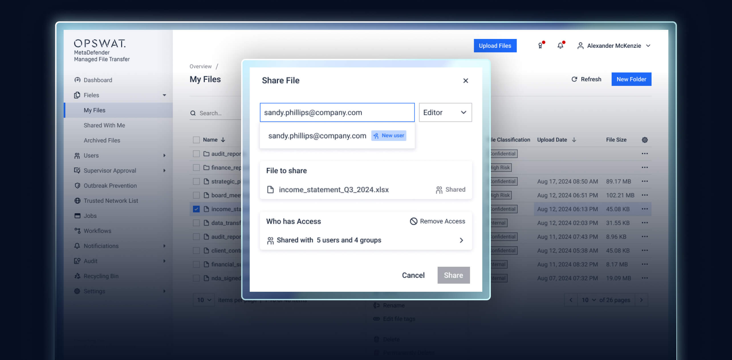 MetaDefender MFT 3.10.0 Update UI zeigt Dateifreigabe mit On-the-fly-Gastbenutzer-Erstellung für nahtlose Zusammenarbeit