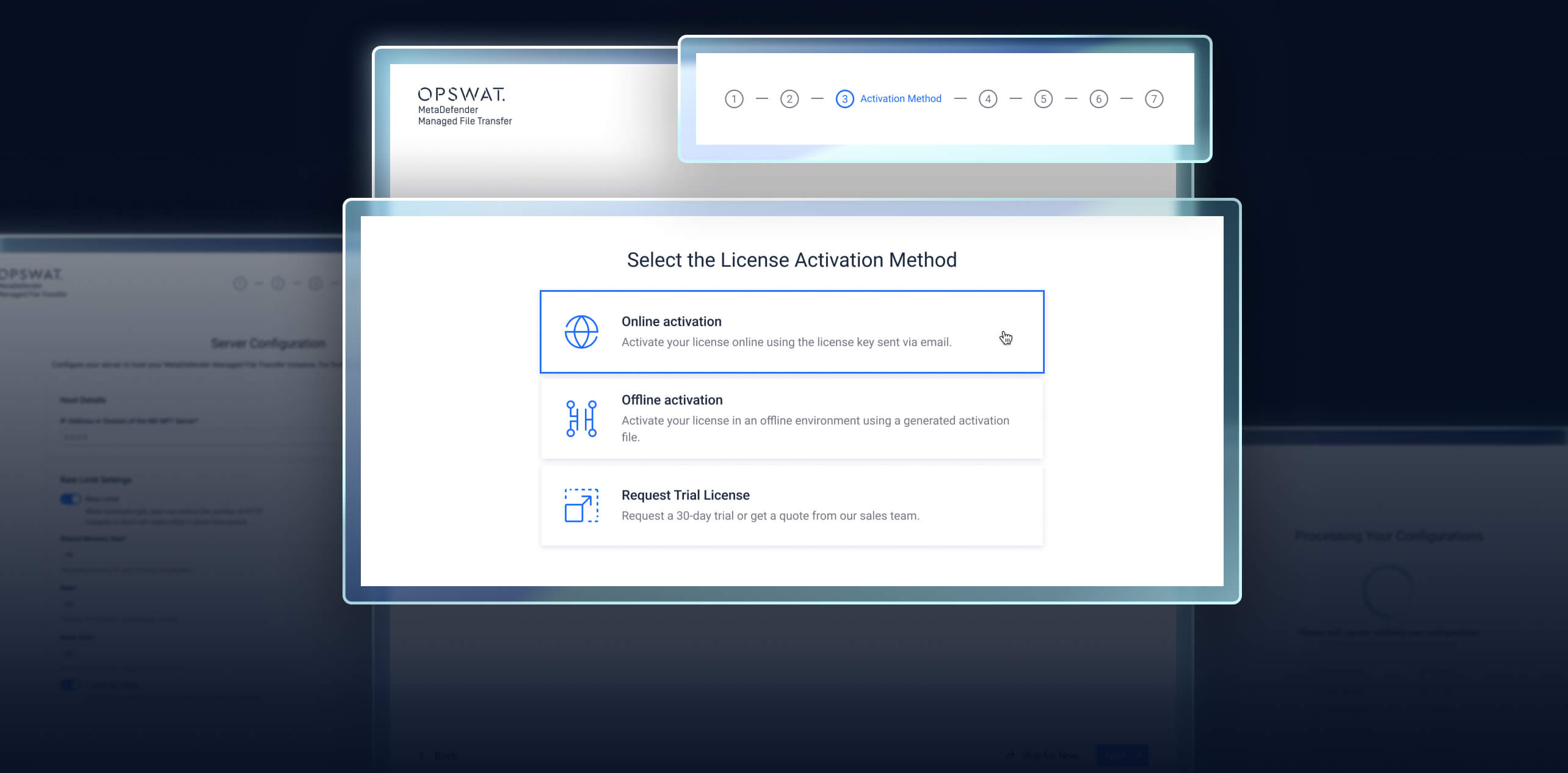 MetaDefender MFT 3.10.0 Update-Lizenzaktivierungsbildschirm mit Online-, Offline- und Testoptionen für eine einfache Einrichtung