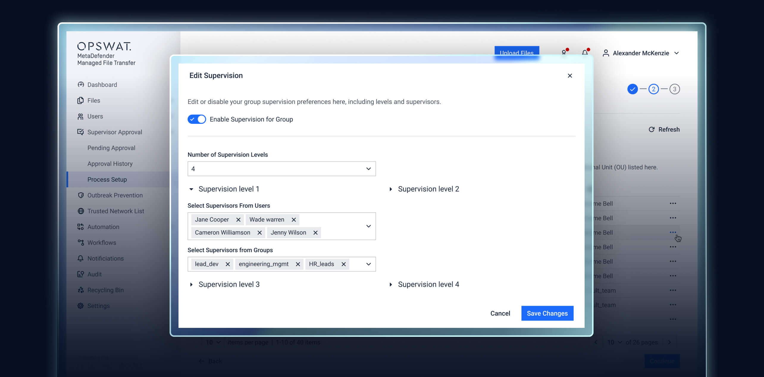 MetaDefender MFT 3.10.0 Update UI zeigt schrittweises Genehmigungs-Setup mit AD-Group Supervisor Auswahl